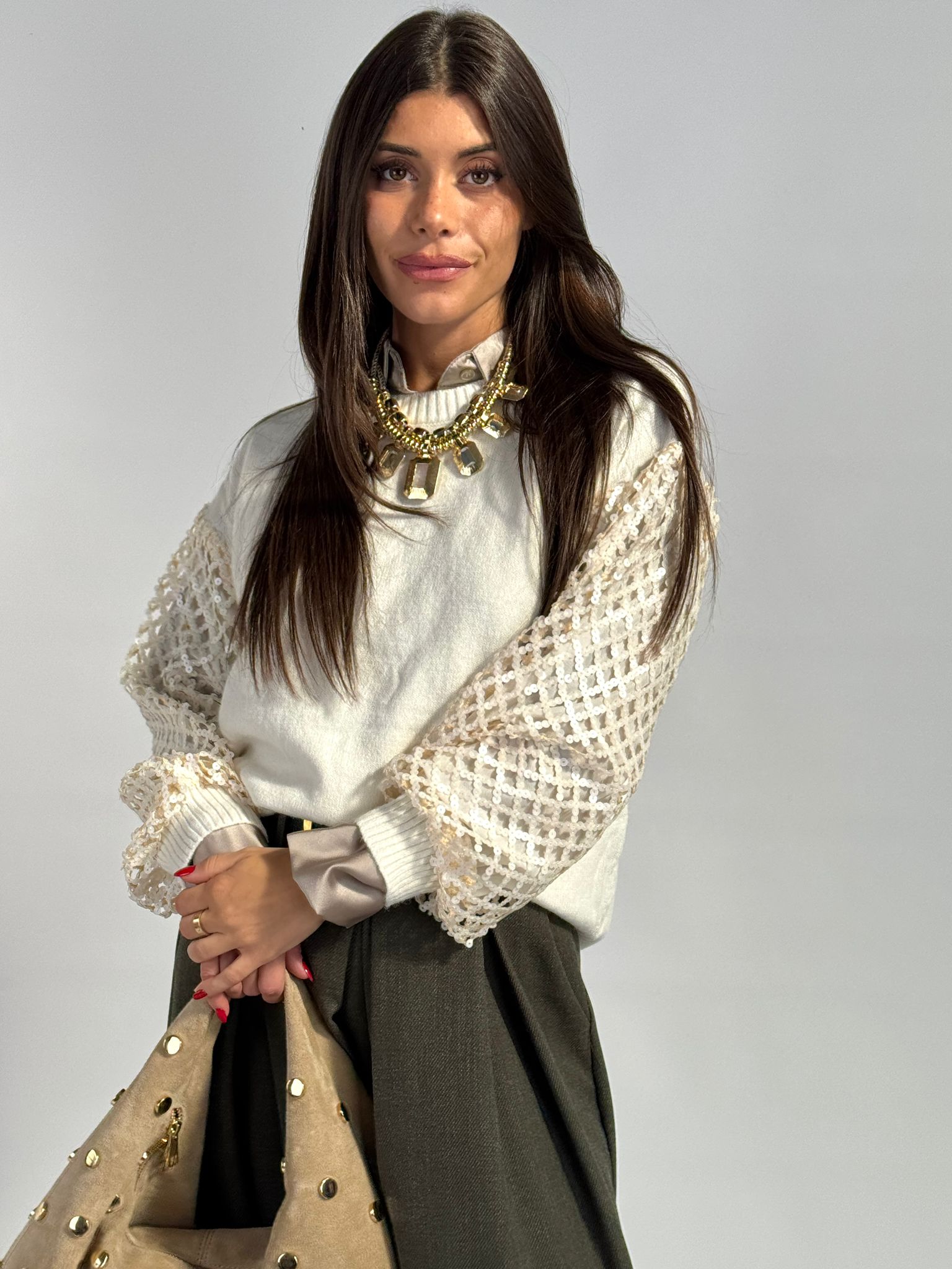 Maglioncino maniche paillettes beige