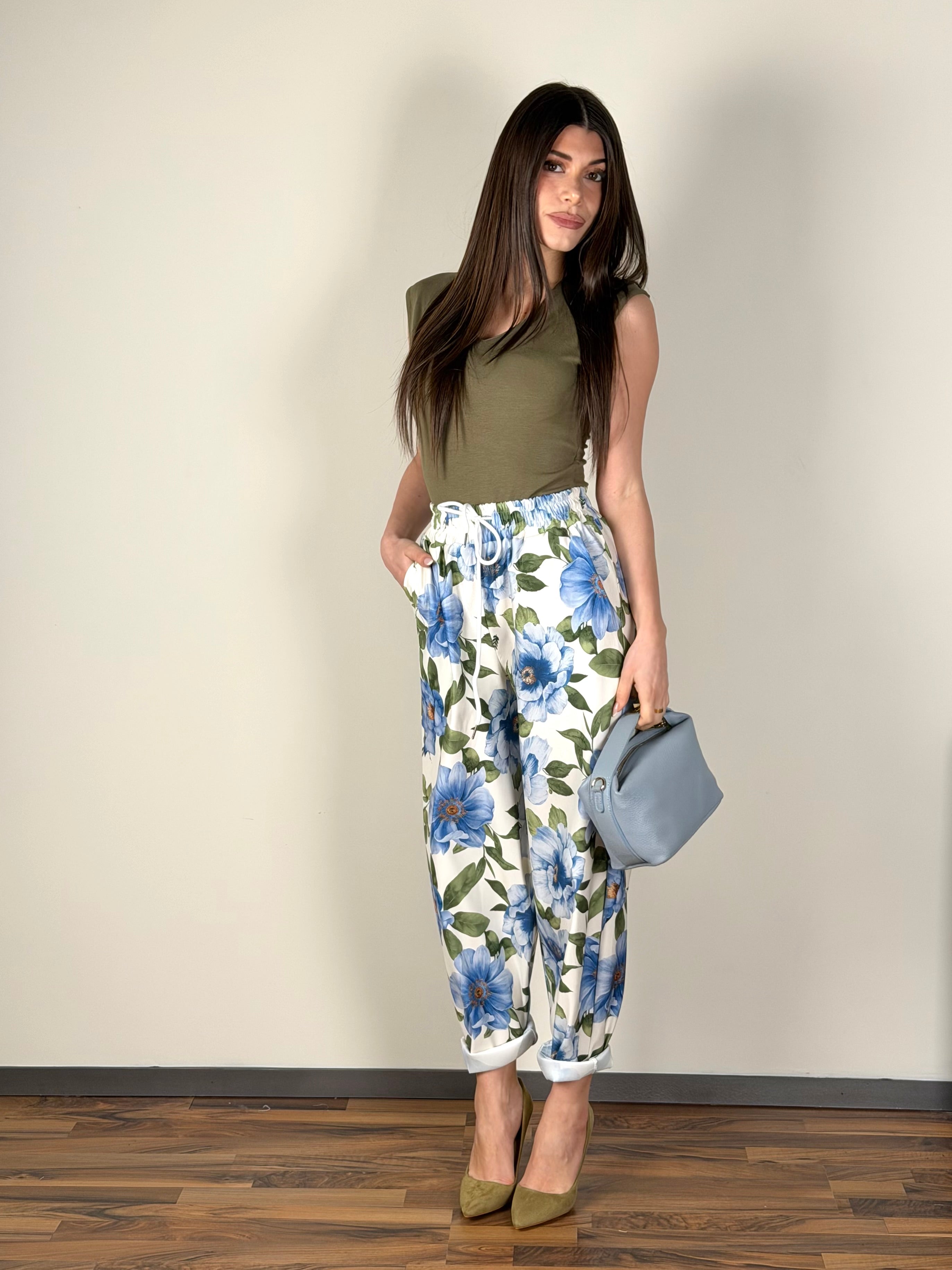 Pantalone Spring fiori celeste