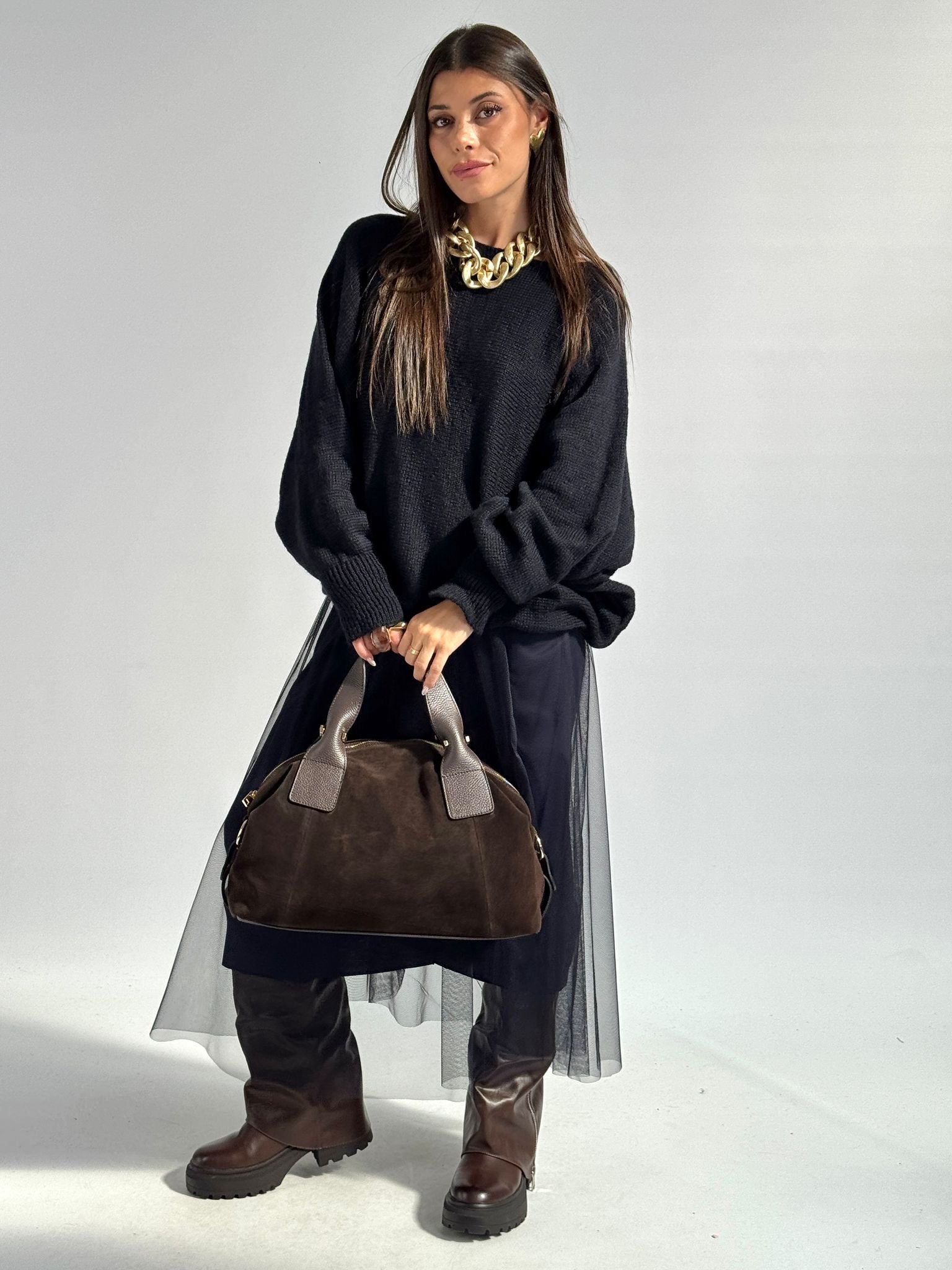 Abito tulle con maglioncino blu