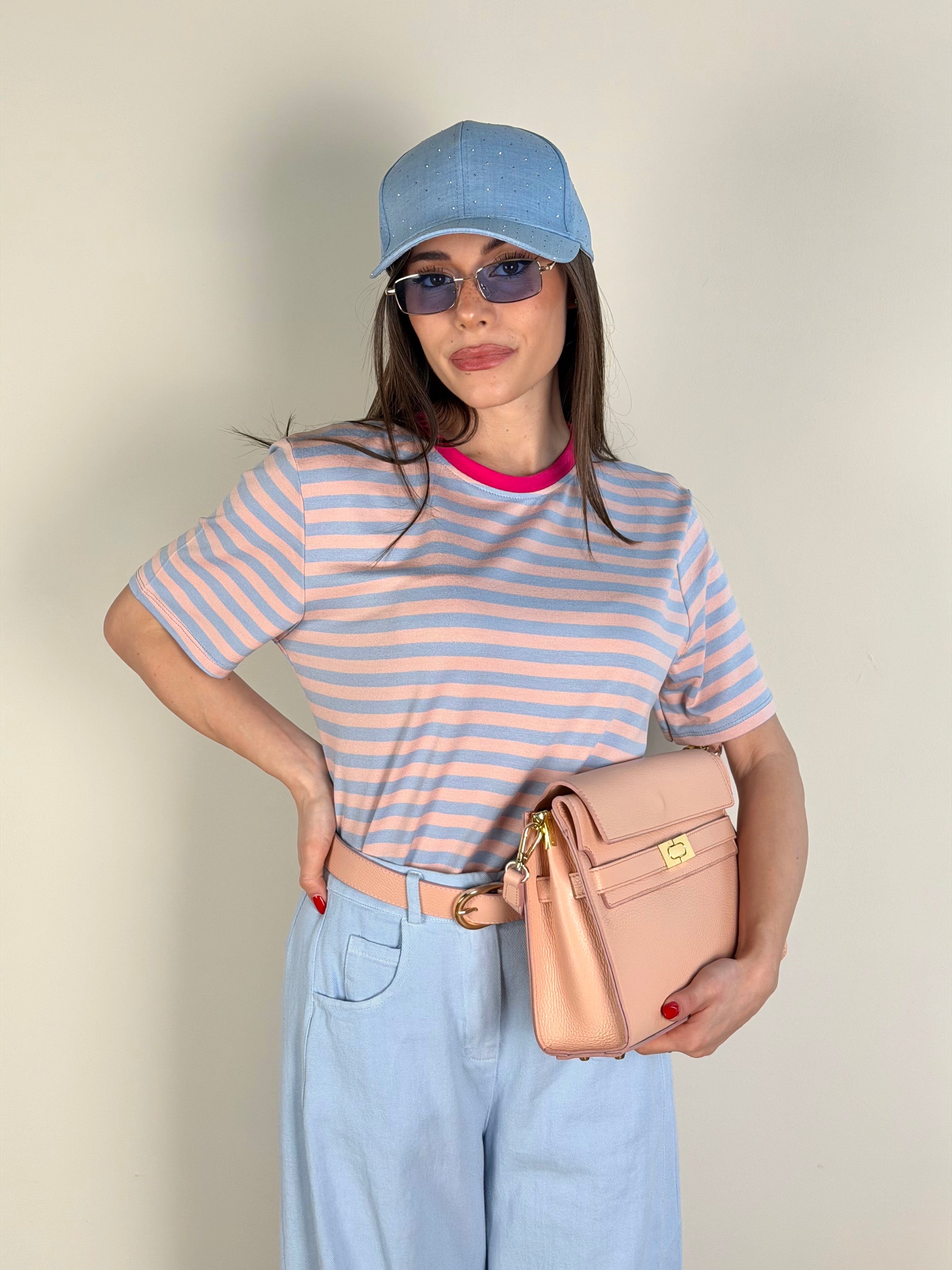 Maglia bicolor righe celeste