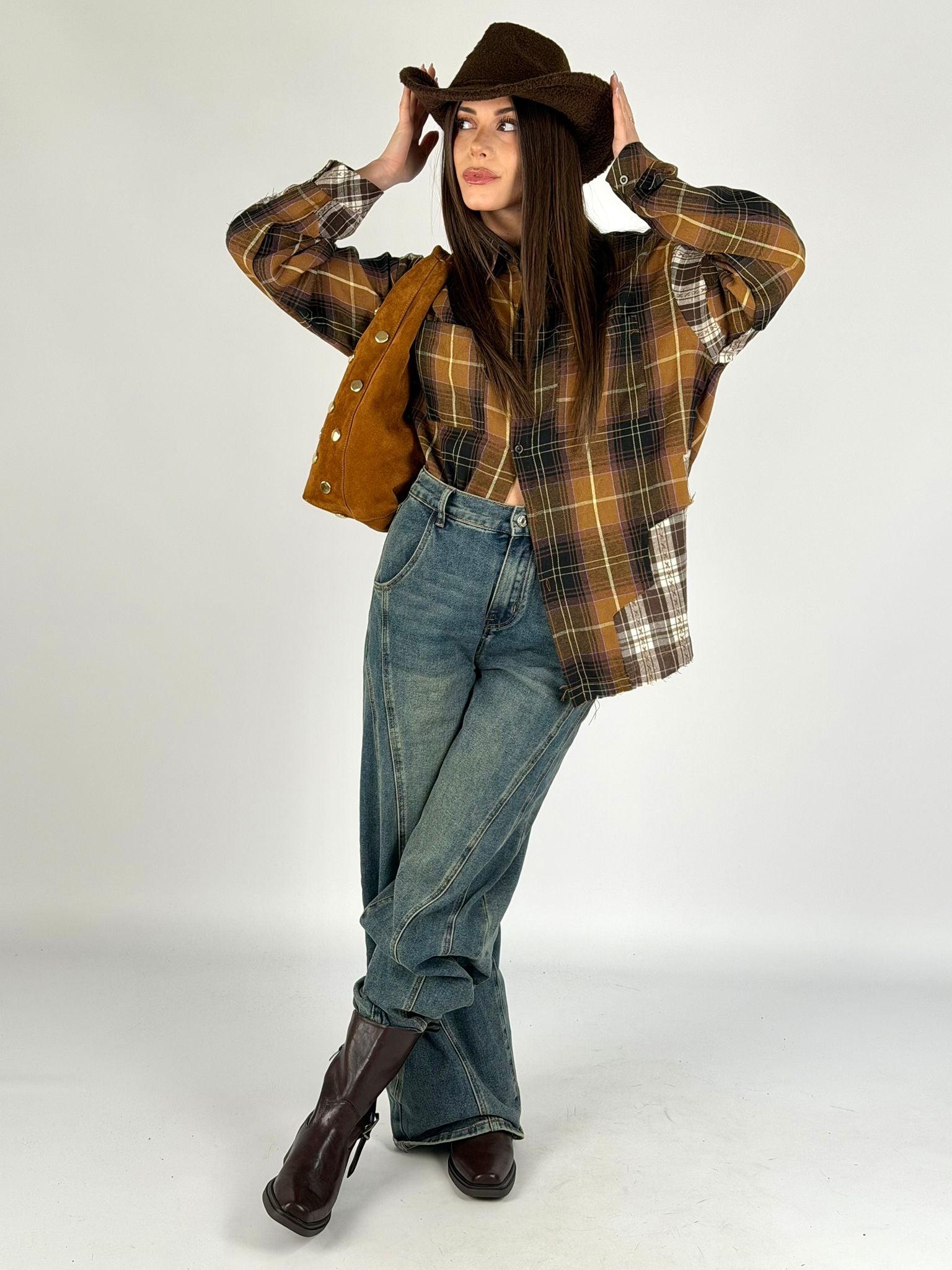 Camicia check doppia fantasia tabacco