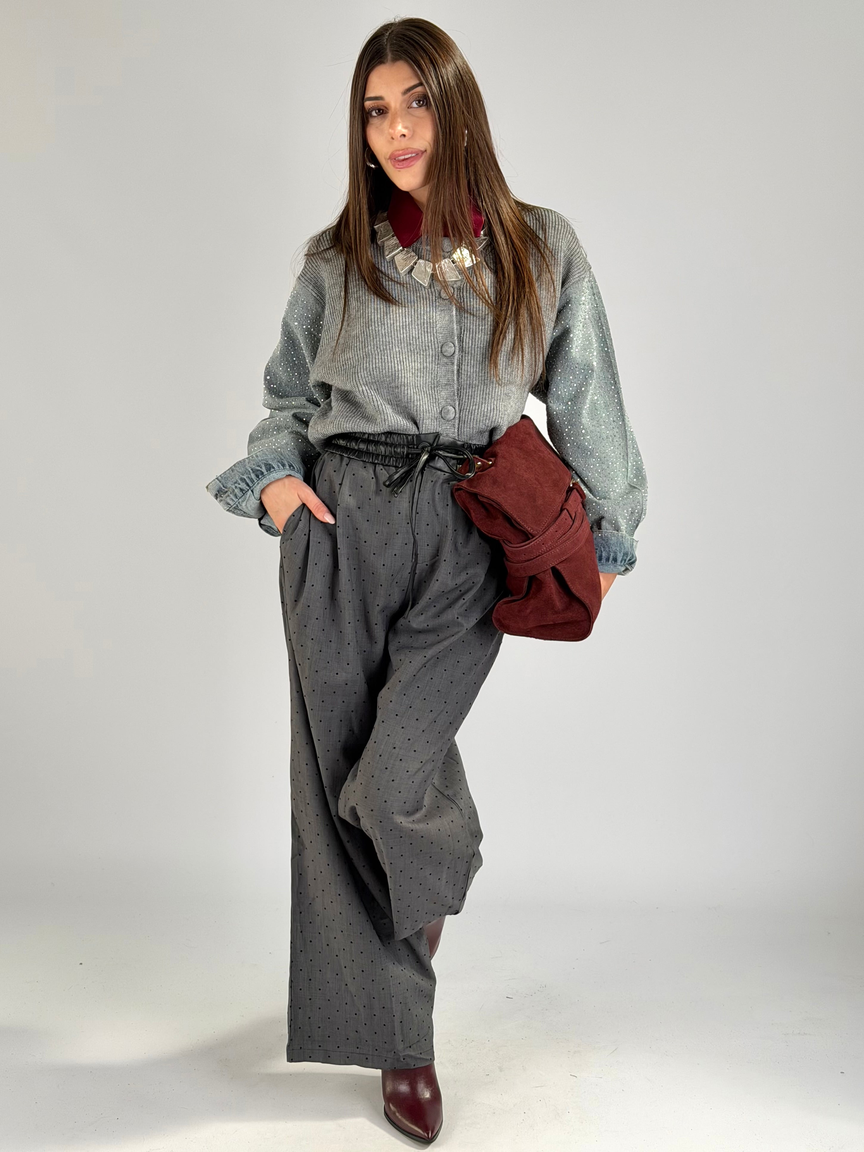 Maglia maniche denim zirconi grigio