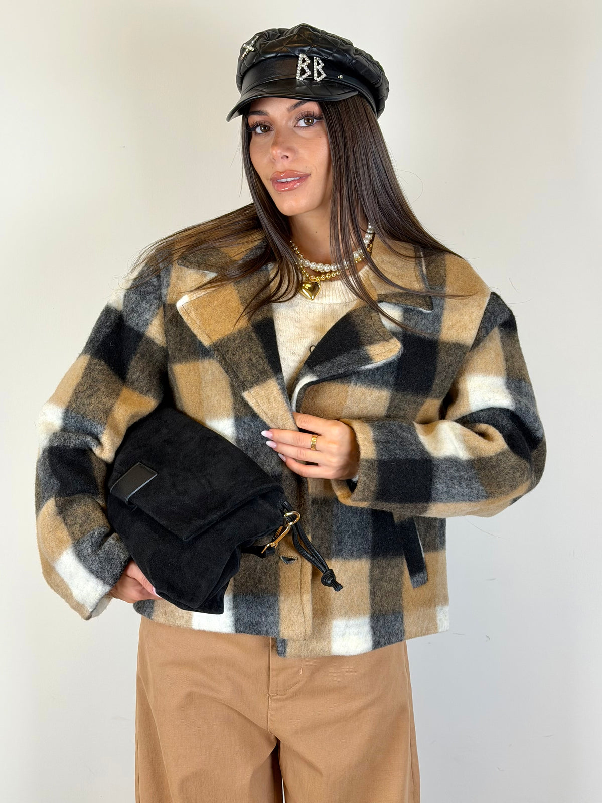 Cappotto crop Check tabacco