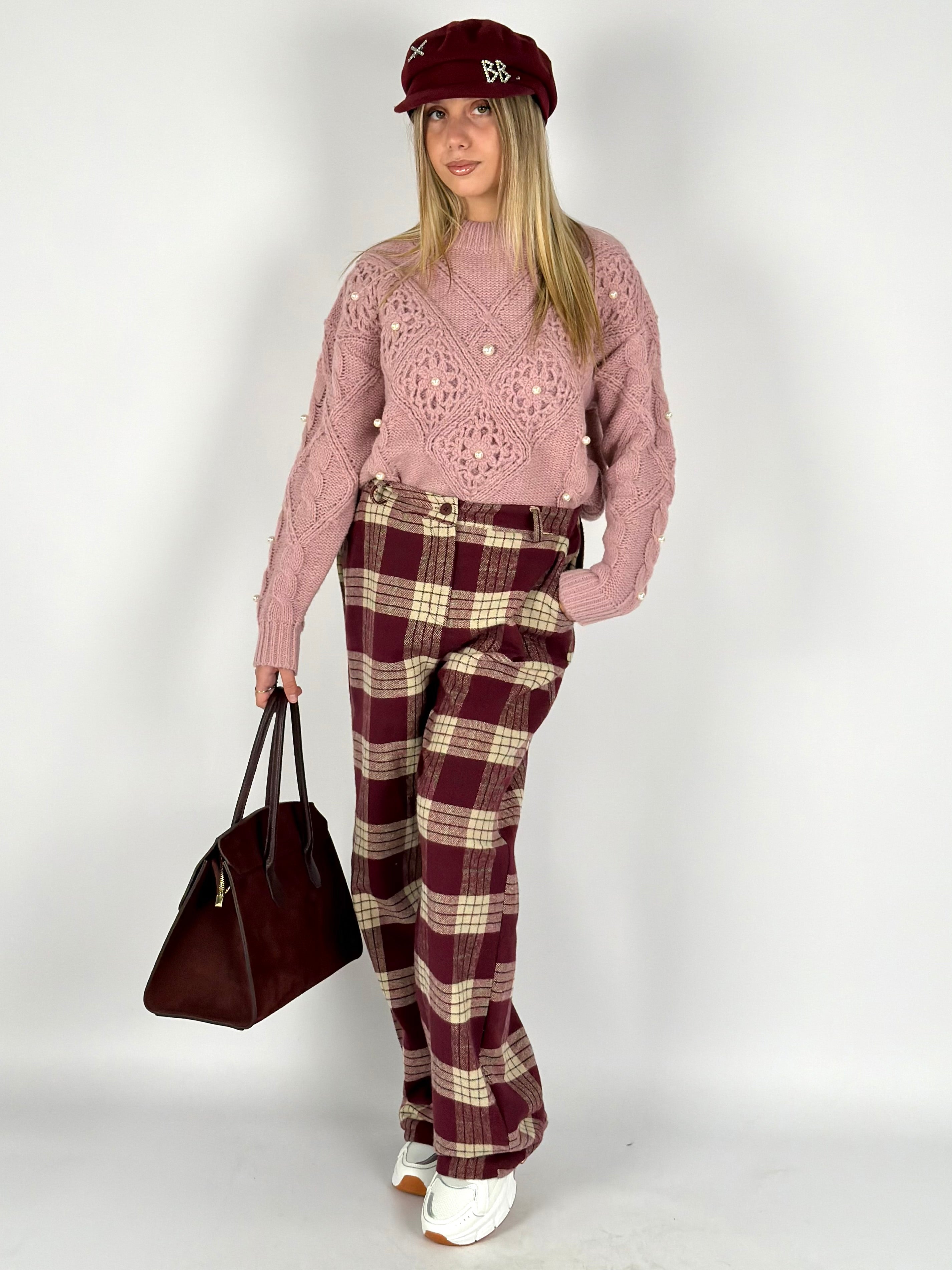 Pantalone check Perla bordeaux