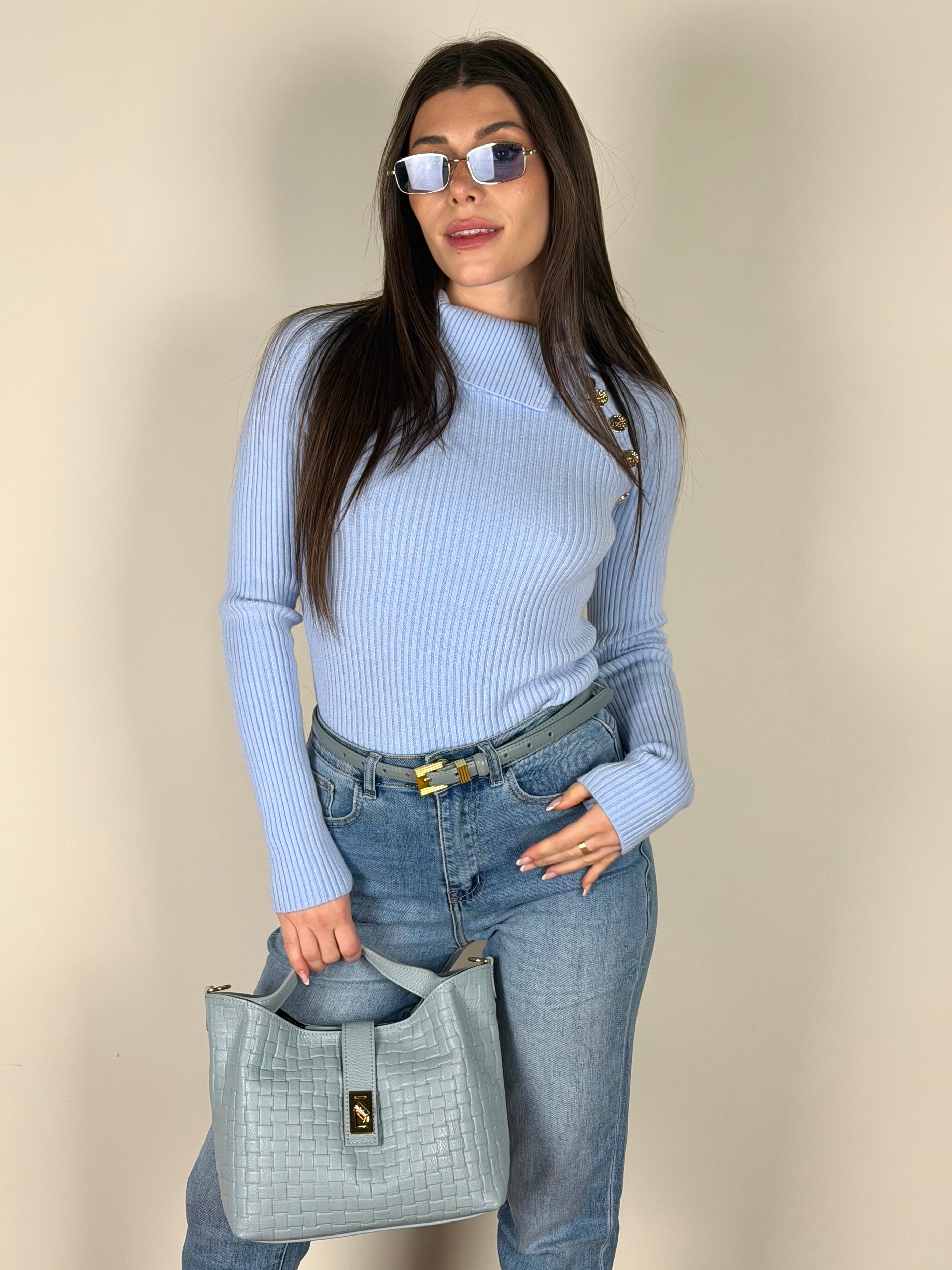 Maglia a costine con bottoni celeste