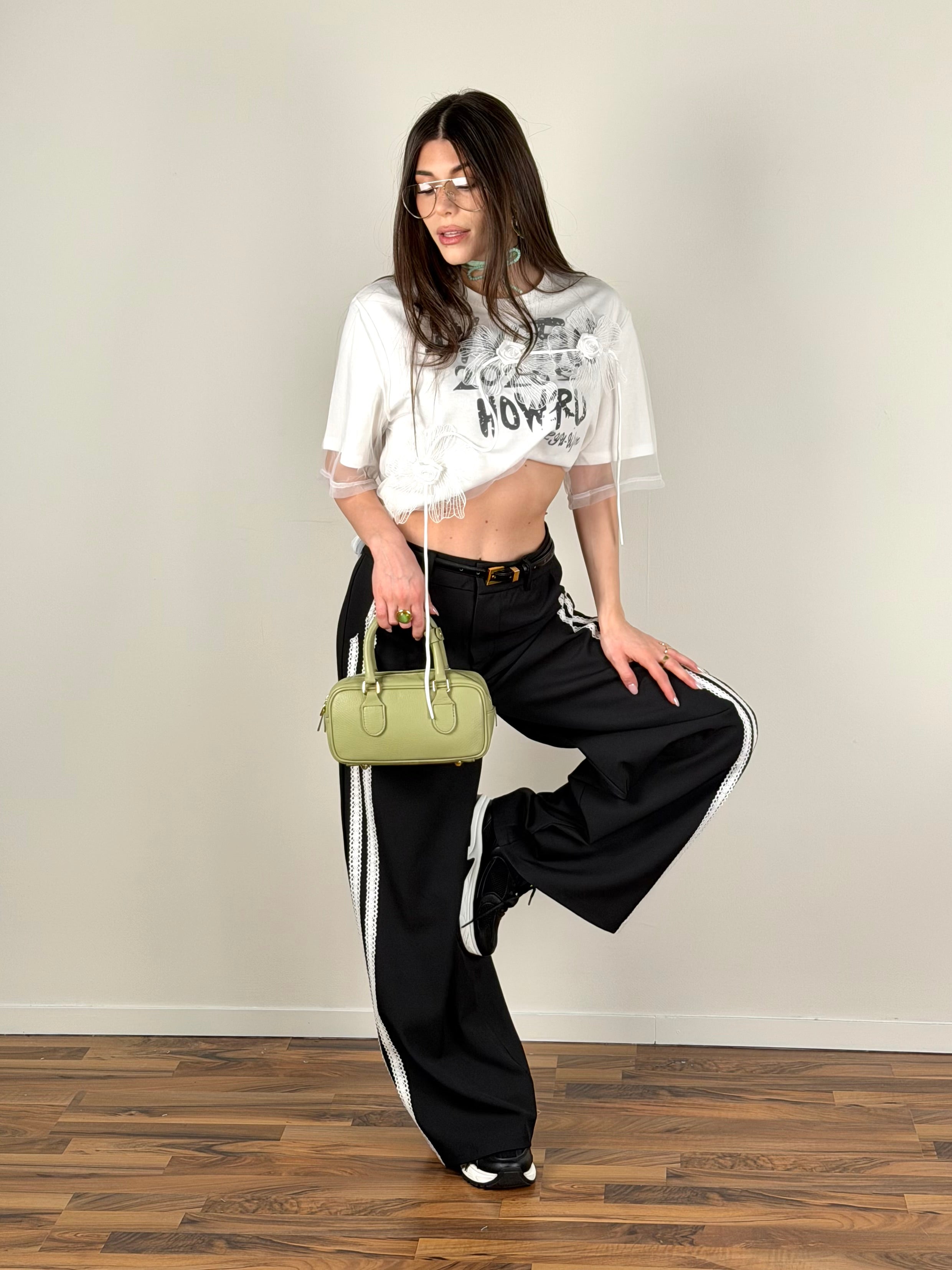 Pantalone bande pizzo nero