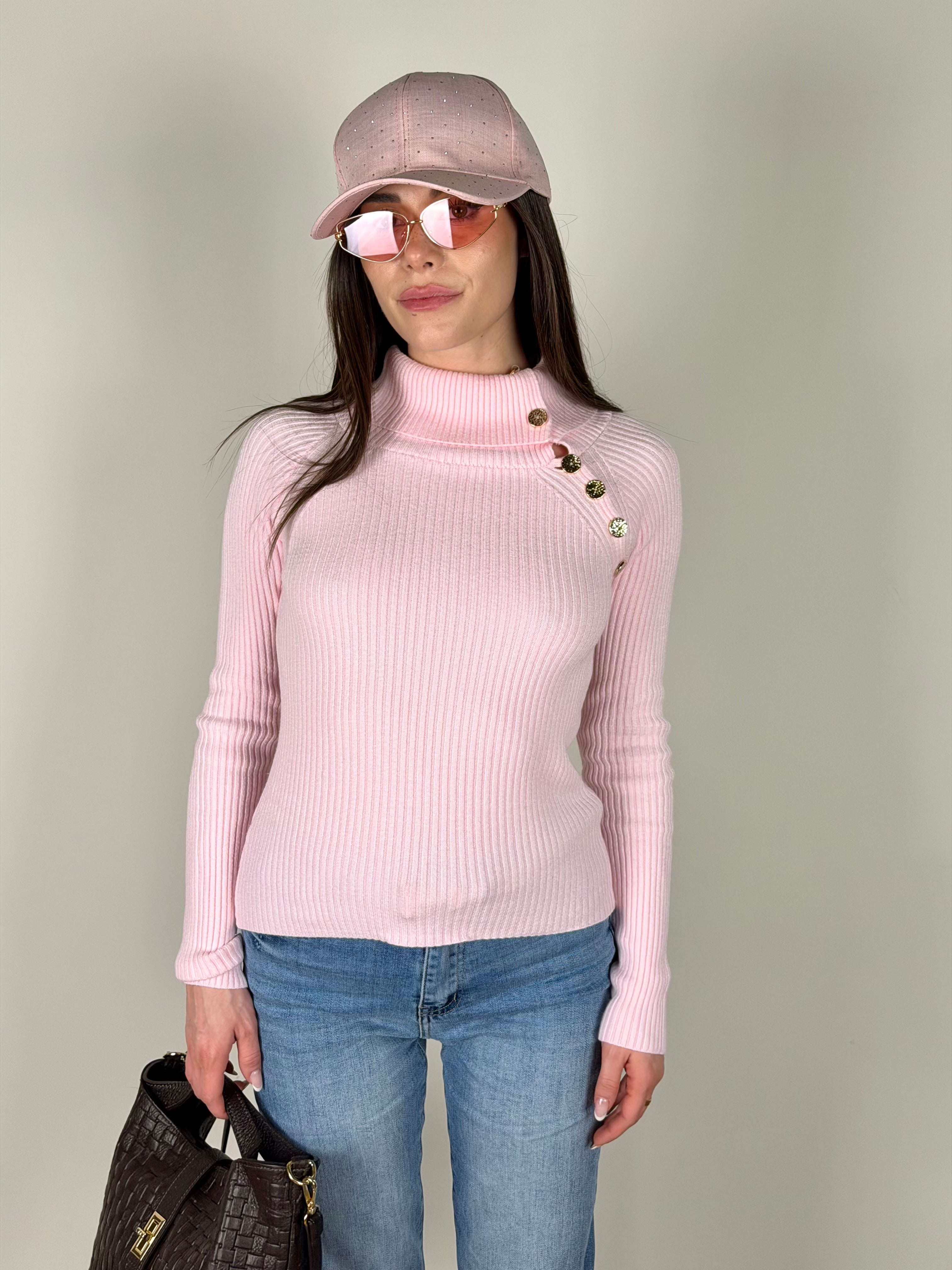 Maglia a costine con bottoni rosa