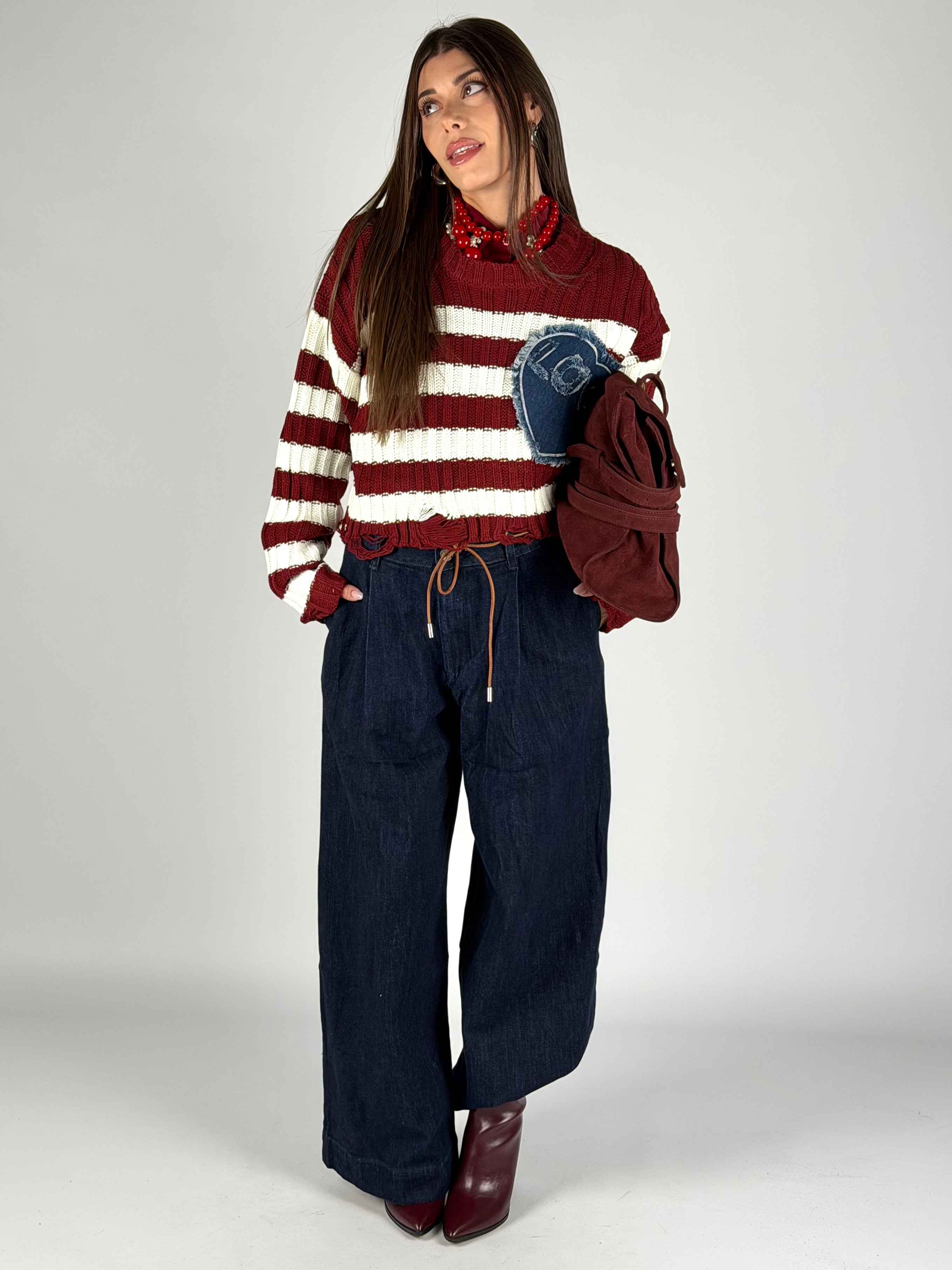 Maglia cuore denim bordeaux