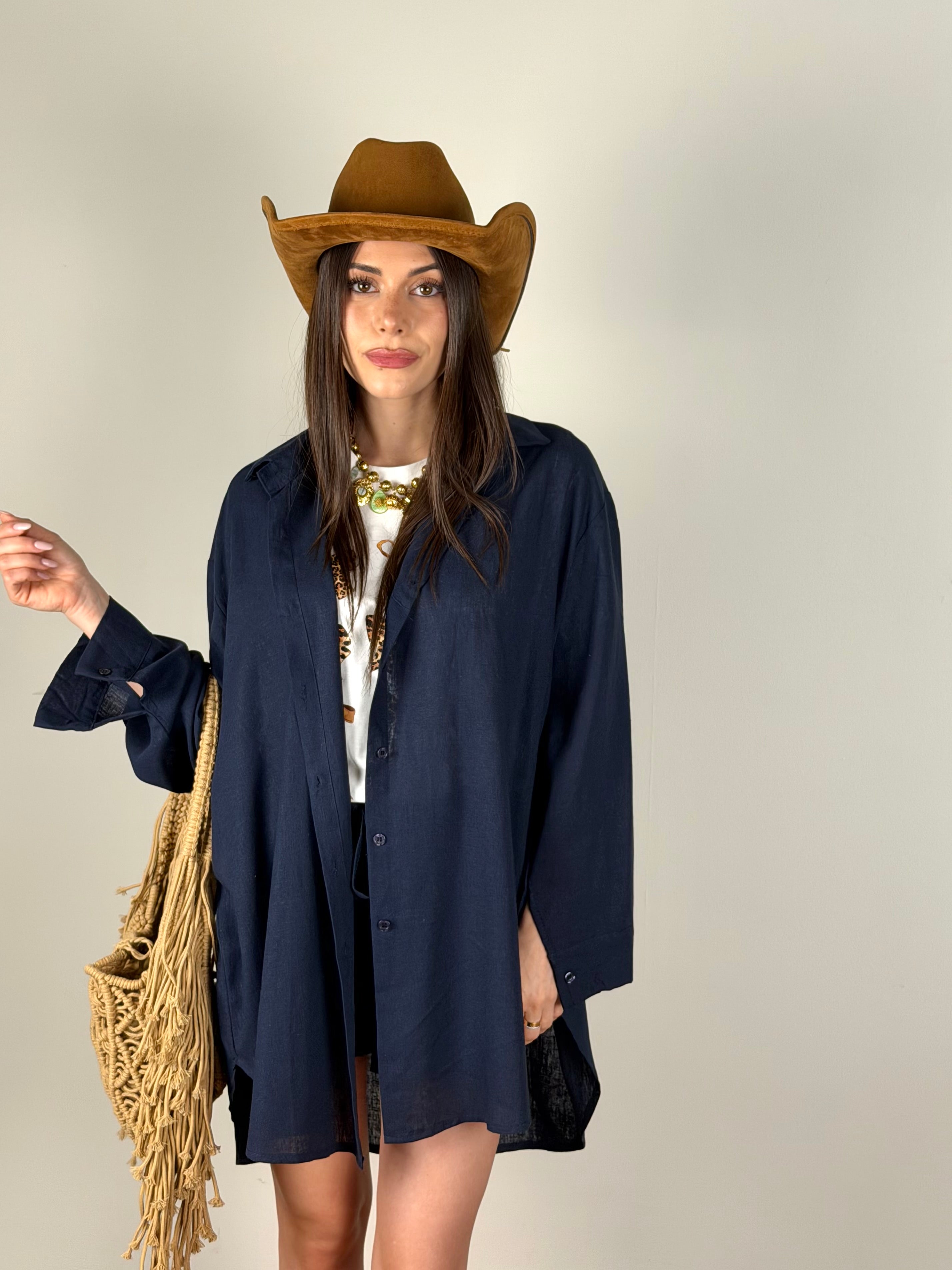 Completo lino maxi camicia + Short blu