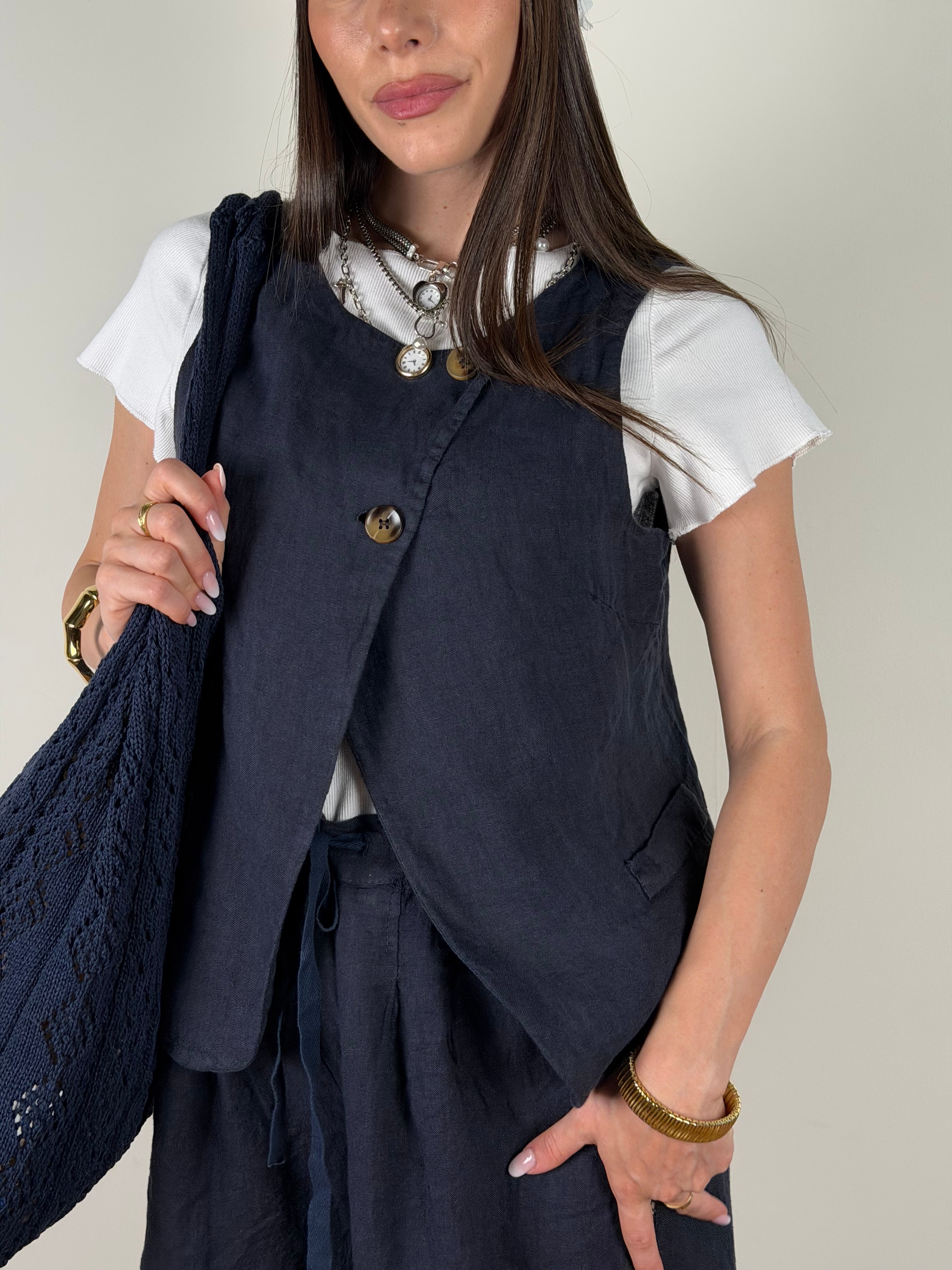 Gilet puro lino Tessa blu