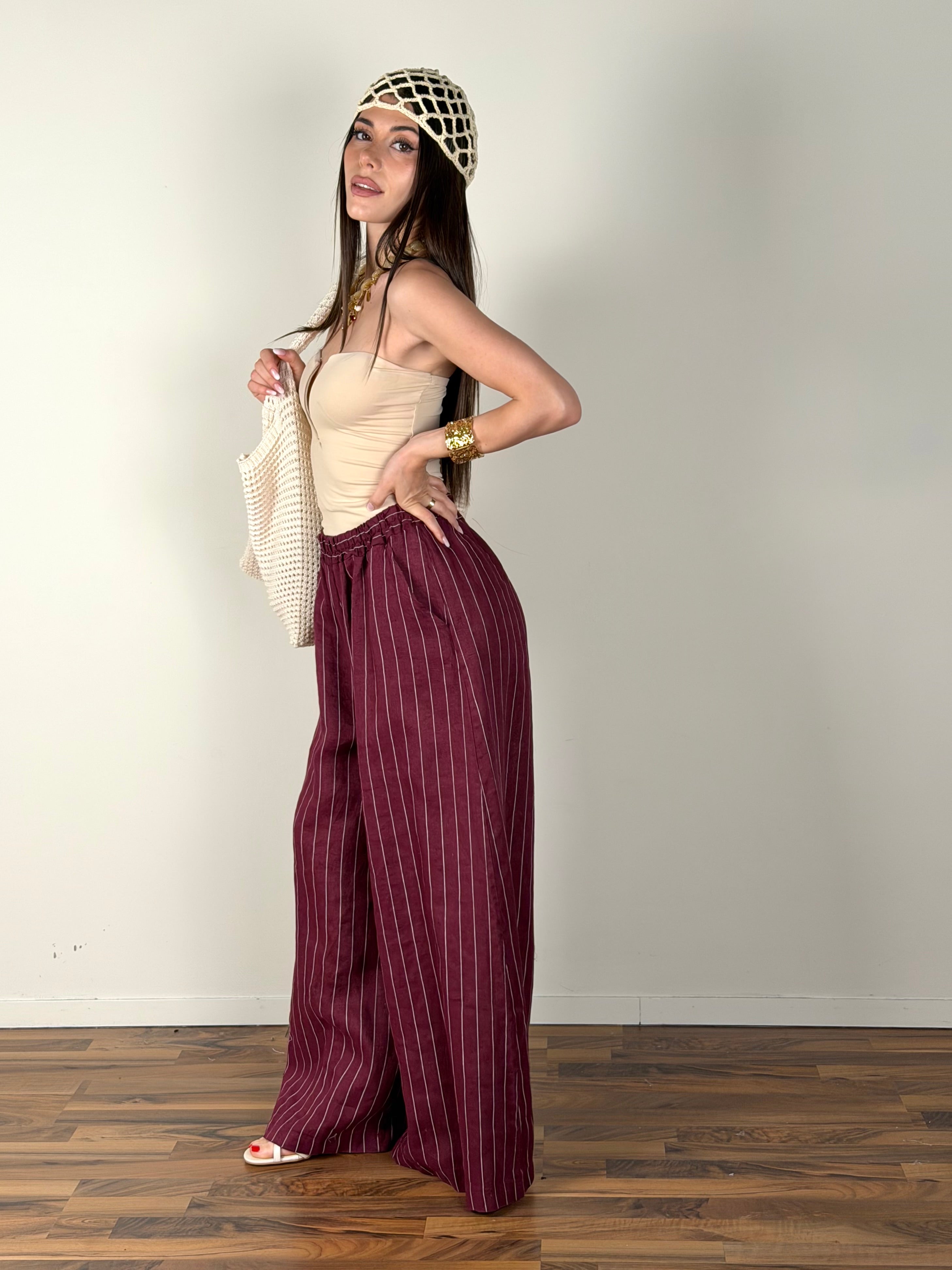 Pantalone puro lino Margot bordeaux