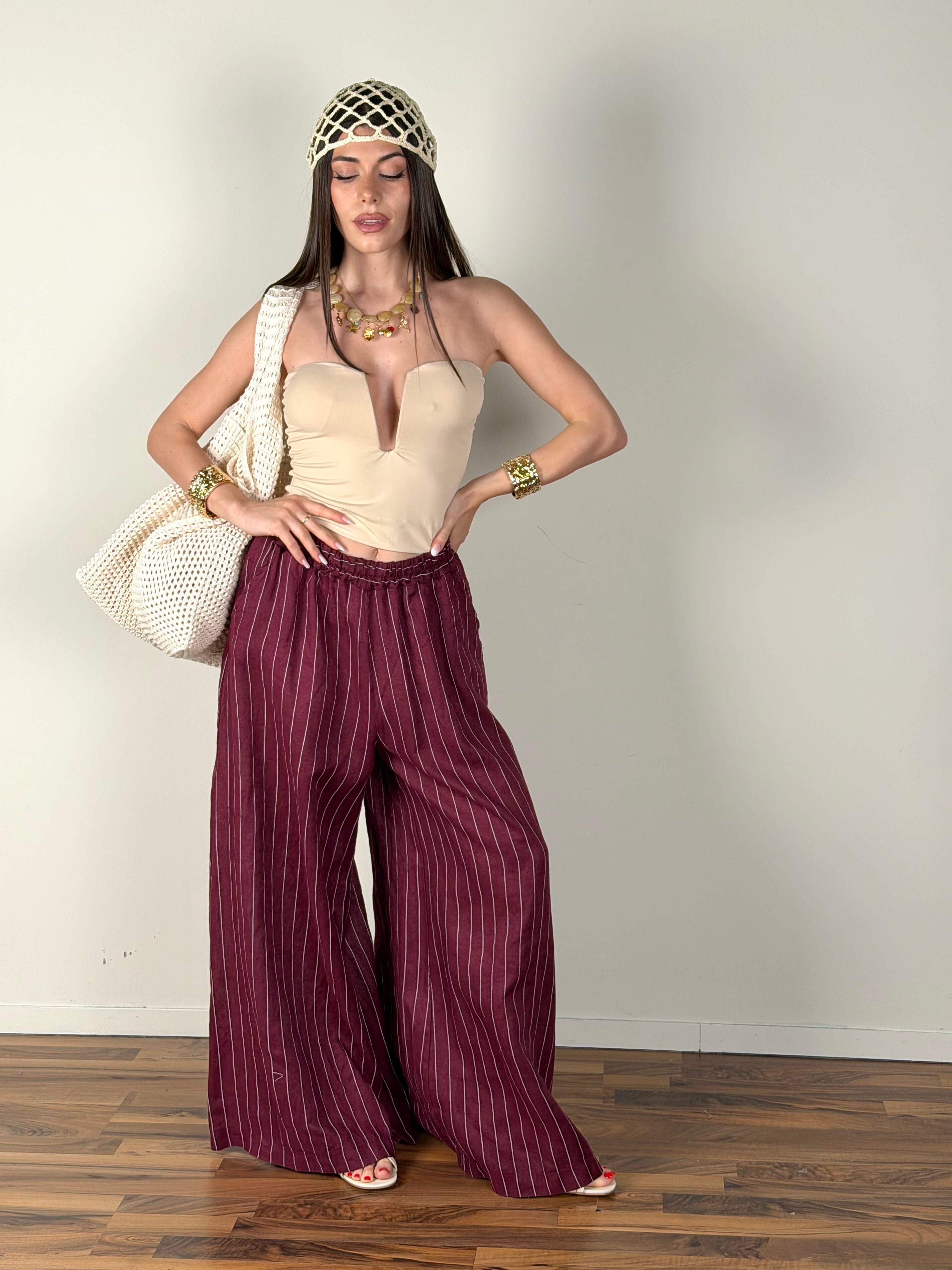 Pantalone puro lino Margot bordeaux
