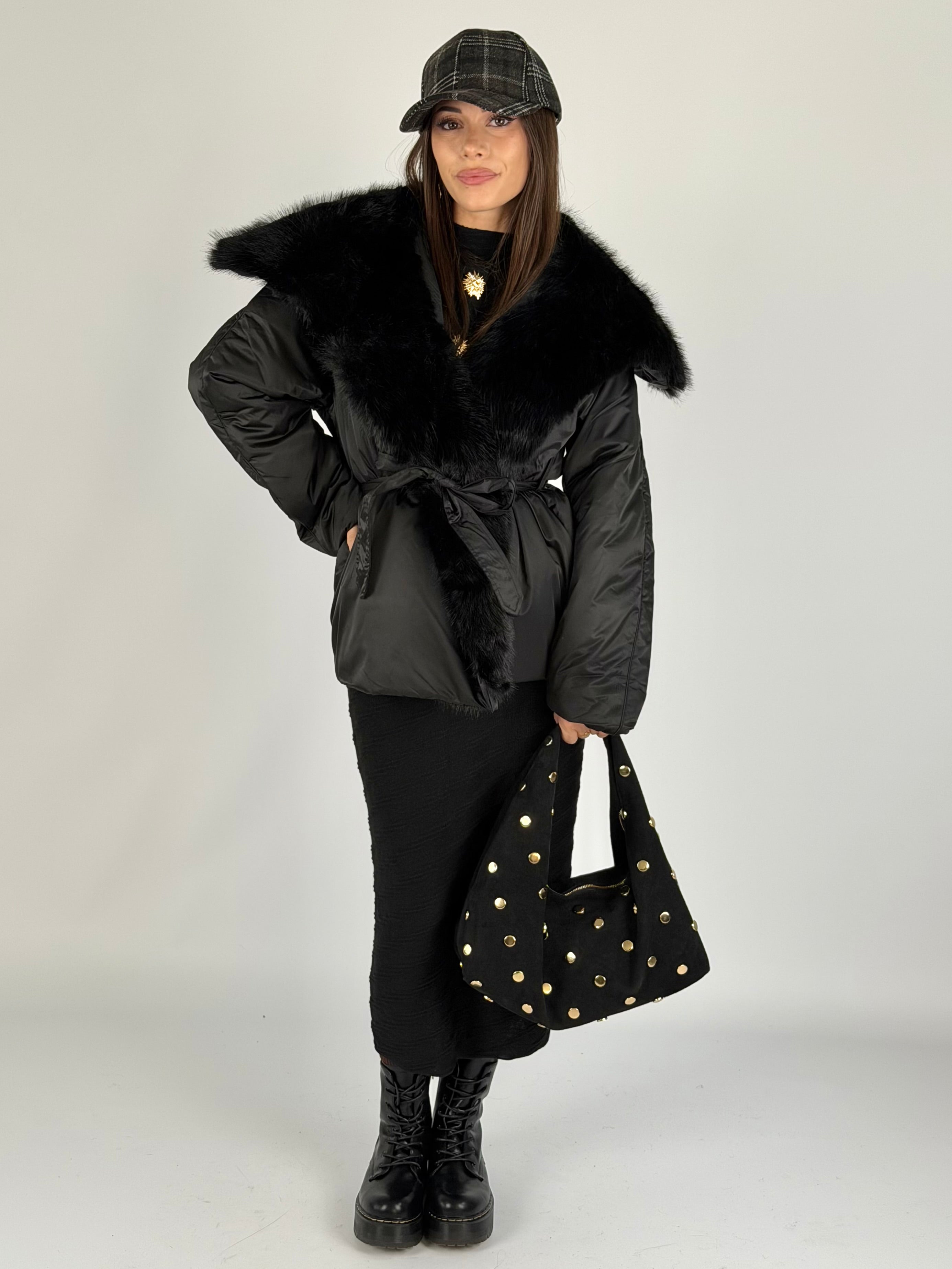 Piumino maxi eco pelliccia nero