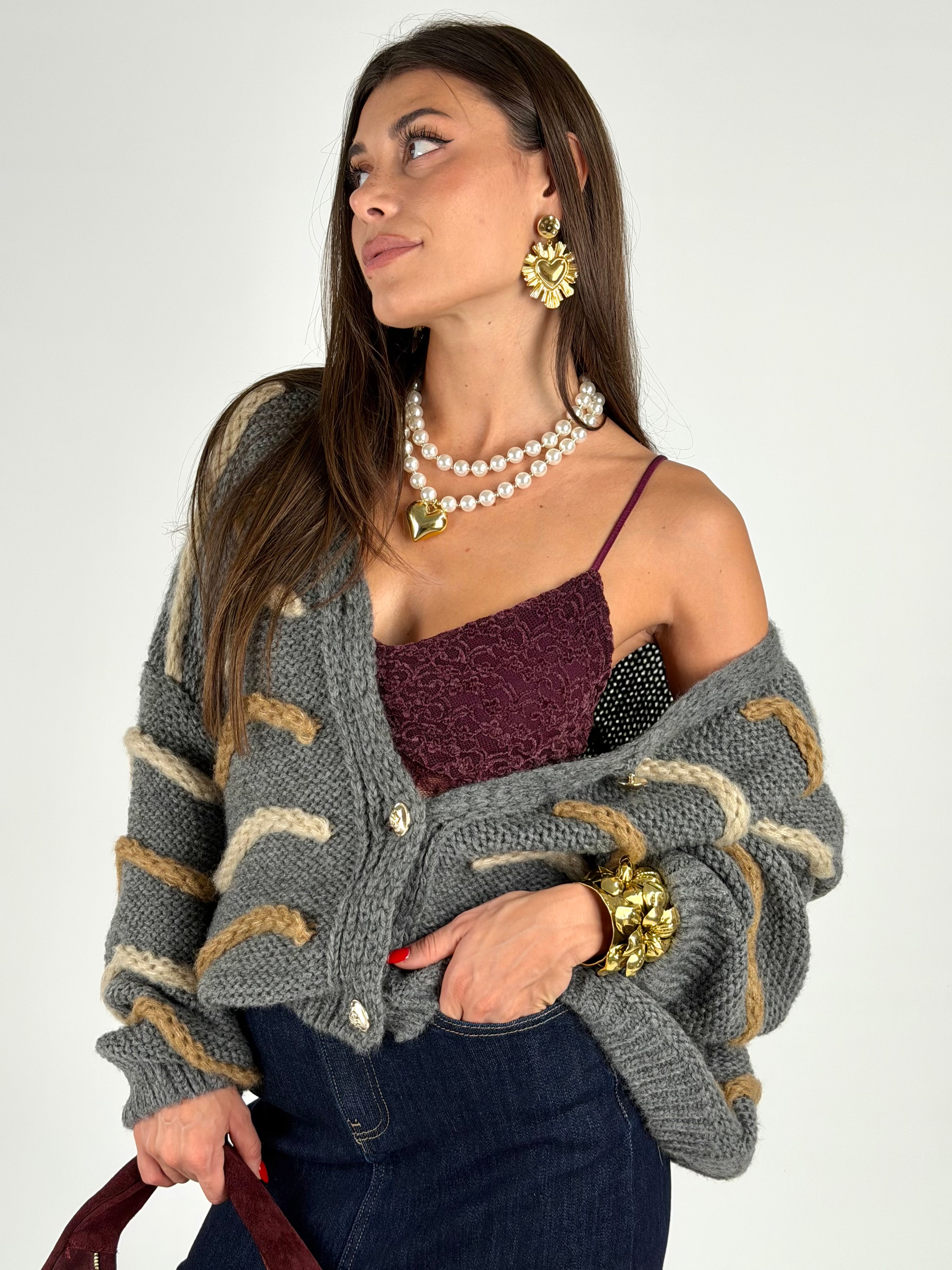 Cardigan righe zigzag grigio