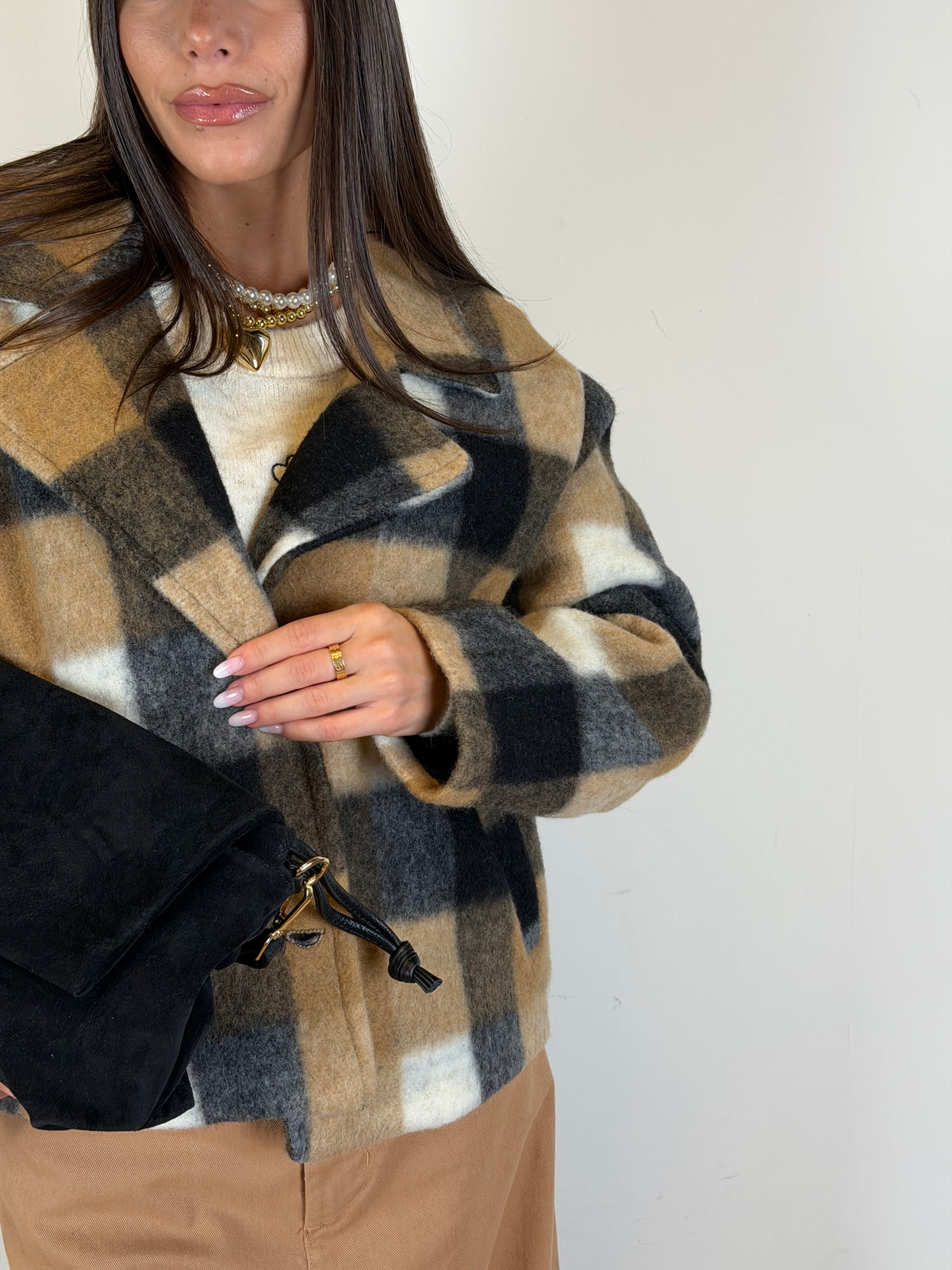 Cappotto crop Check tabacco
