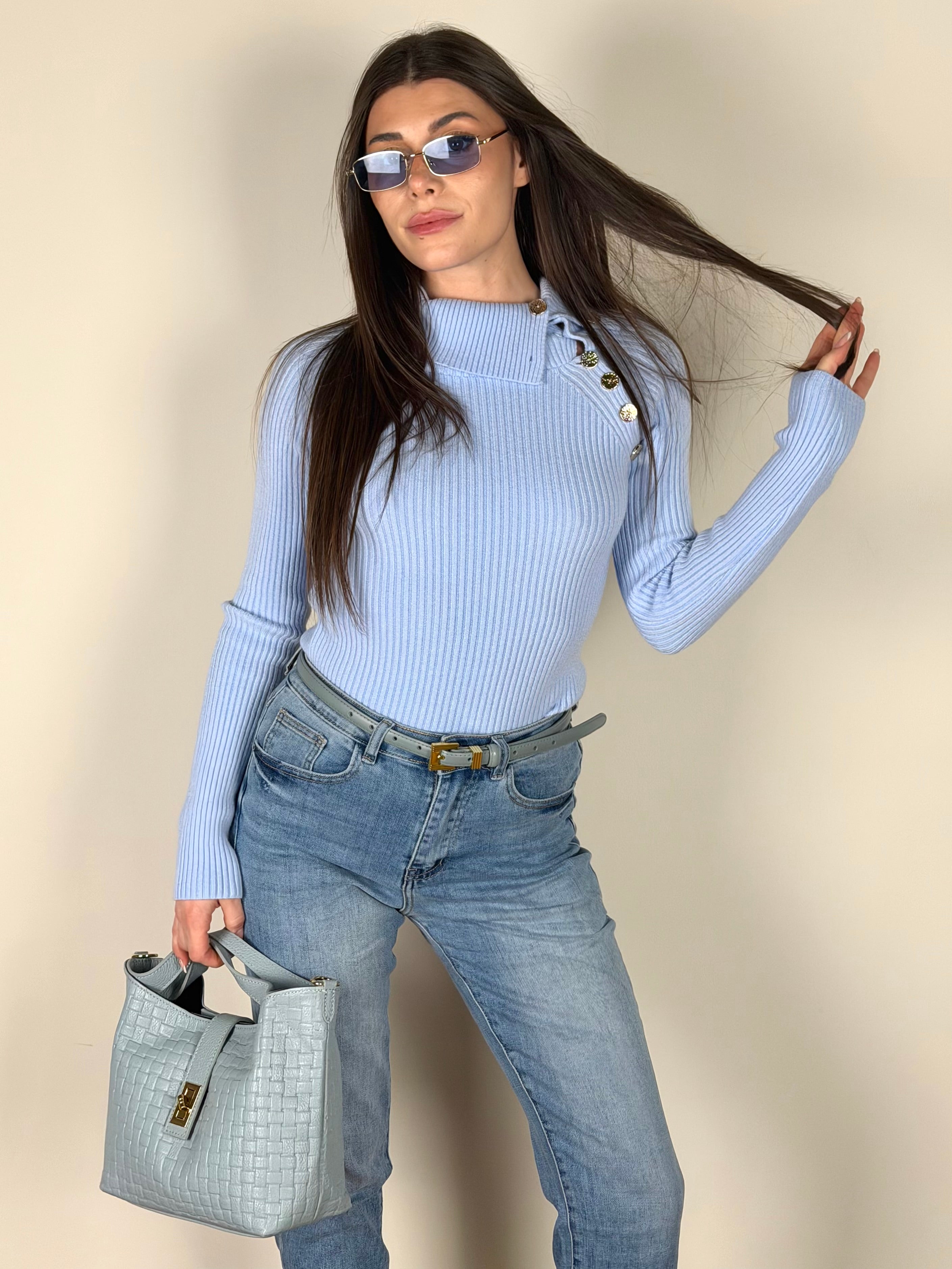 Maglia a costine con bottoni celeste