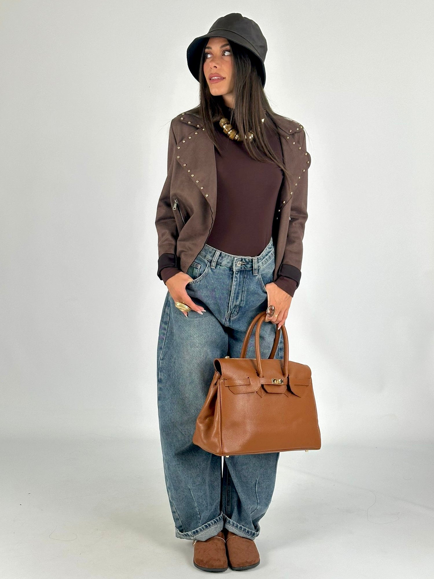 Chiodo scamosciato borchie marrone