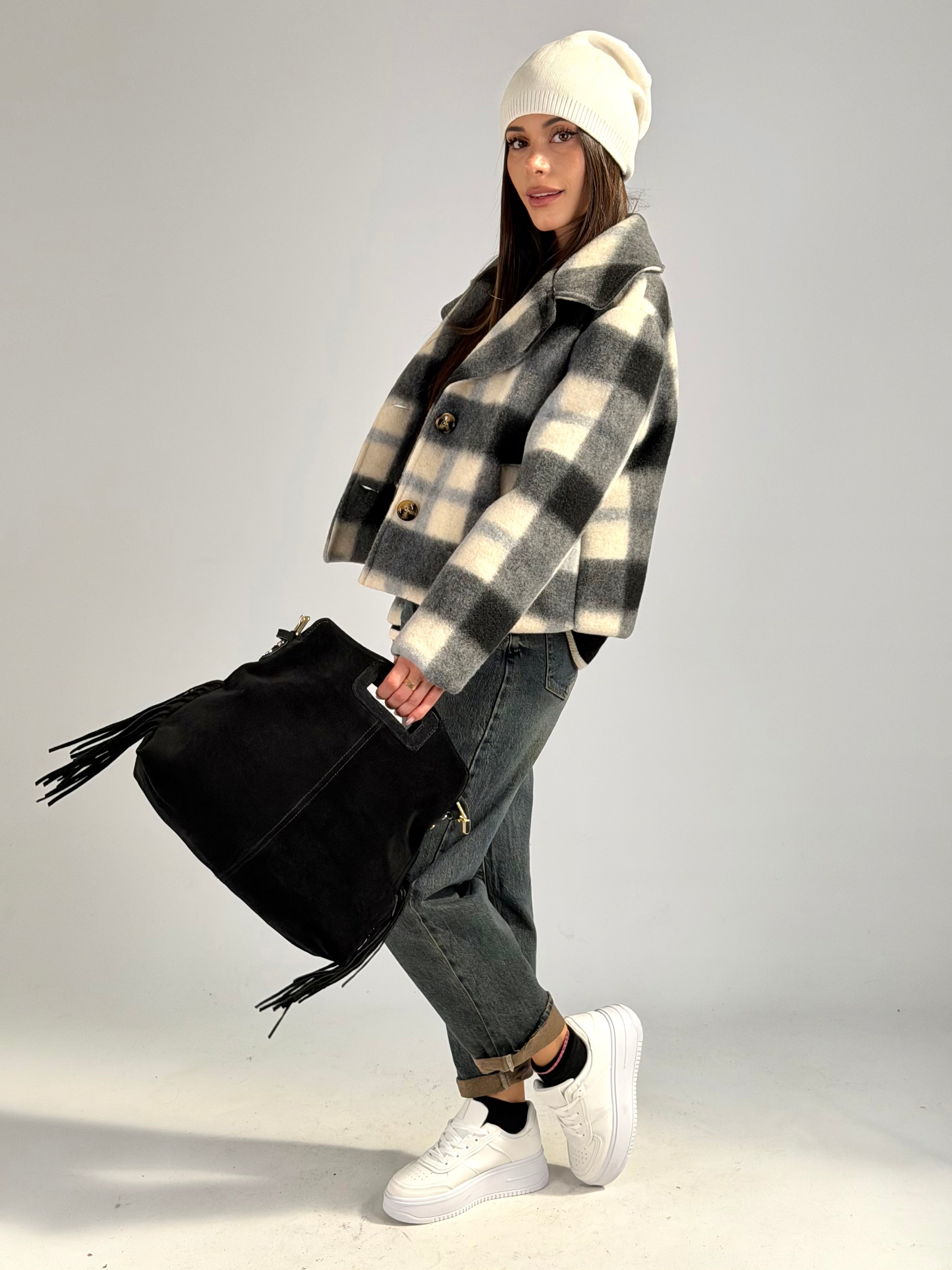 cappotto check in panno nero