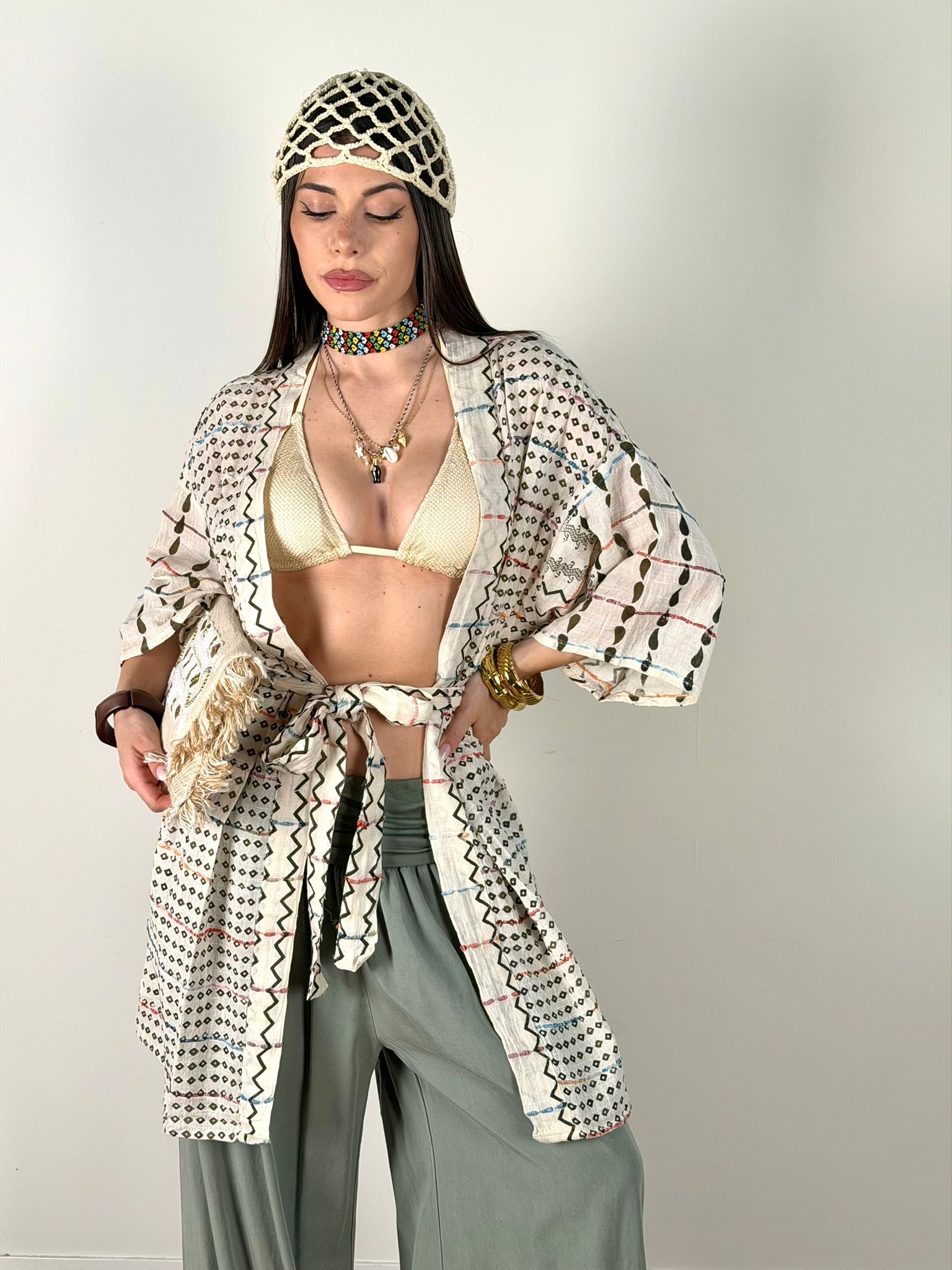 Kimono ricami beige verde