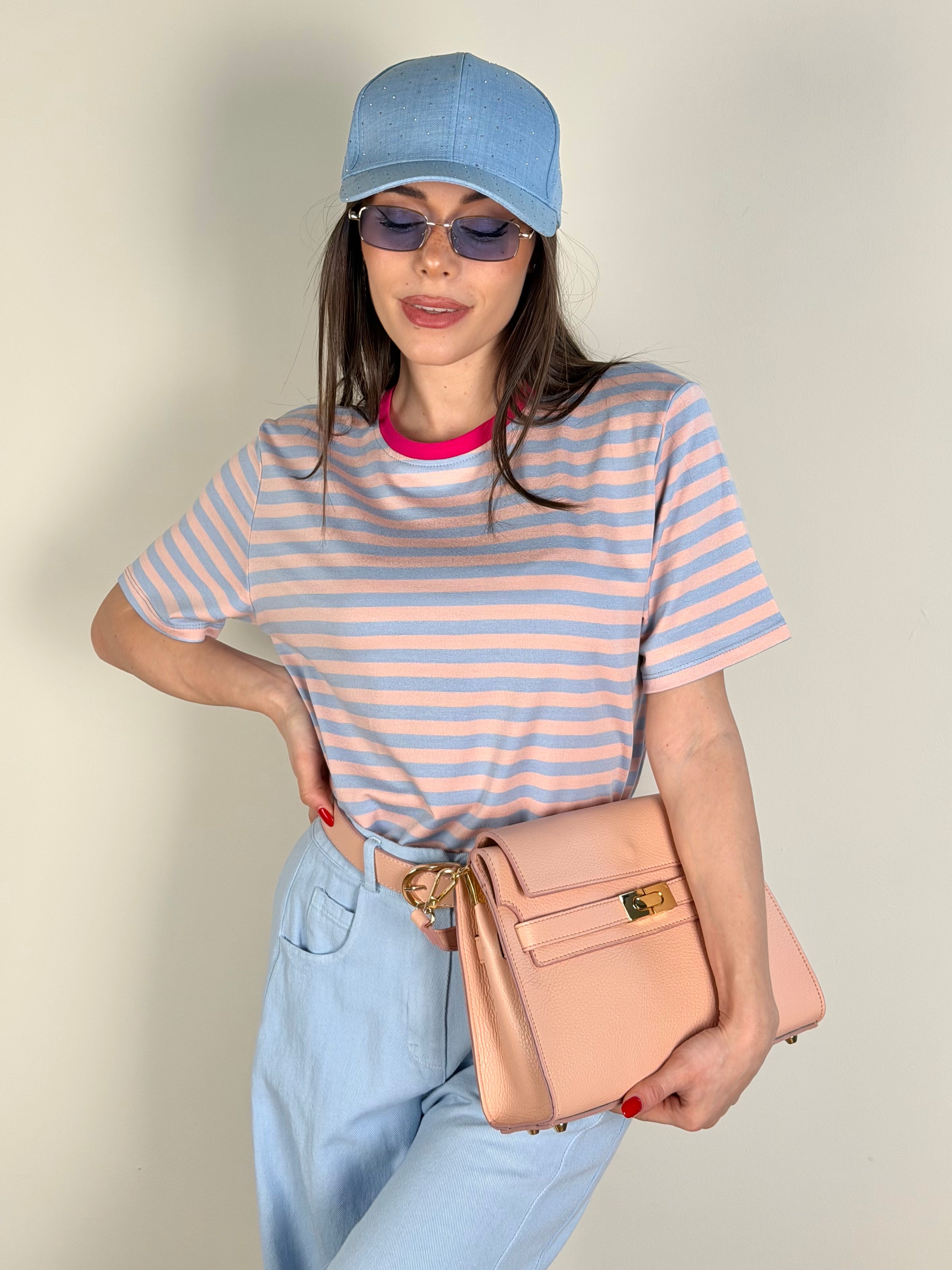 Maglia bicolor righe celeste