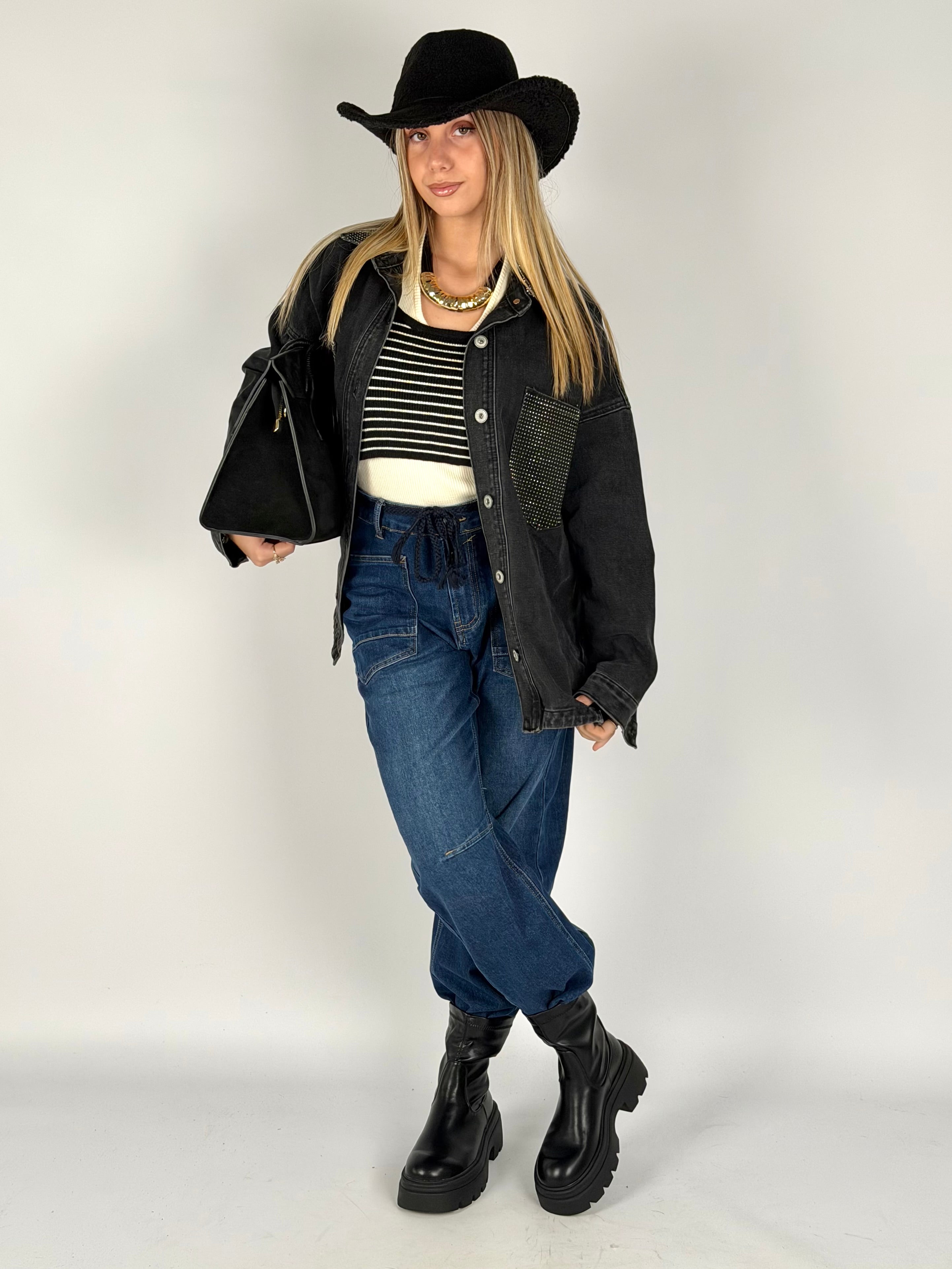 Camicia denim zirconi nera