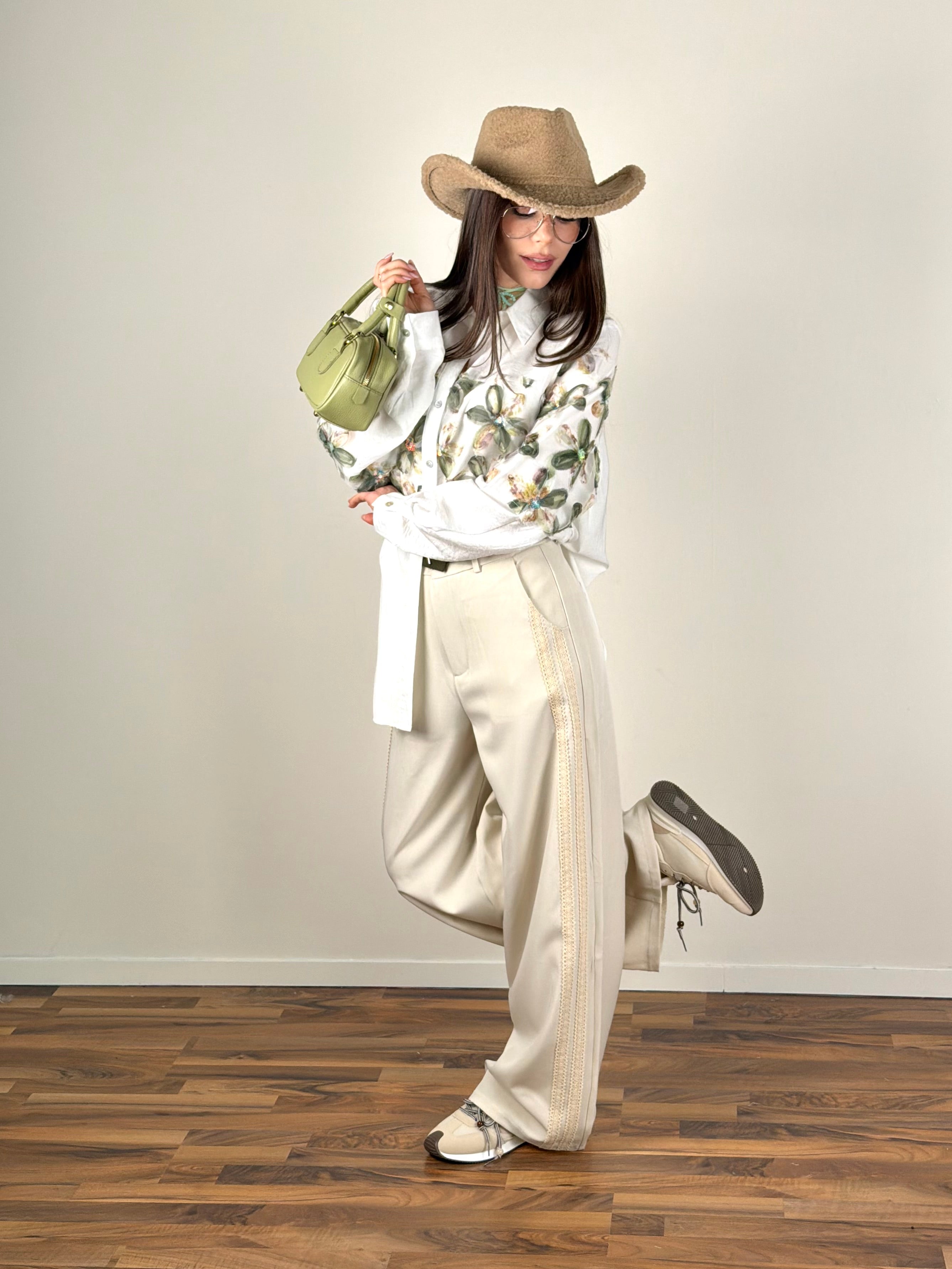 Pantalone bande pizzo beige