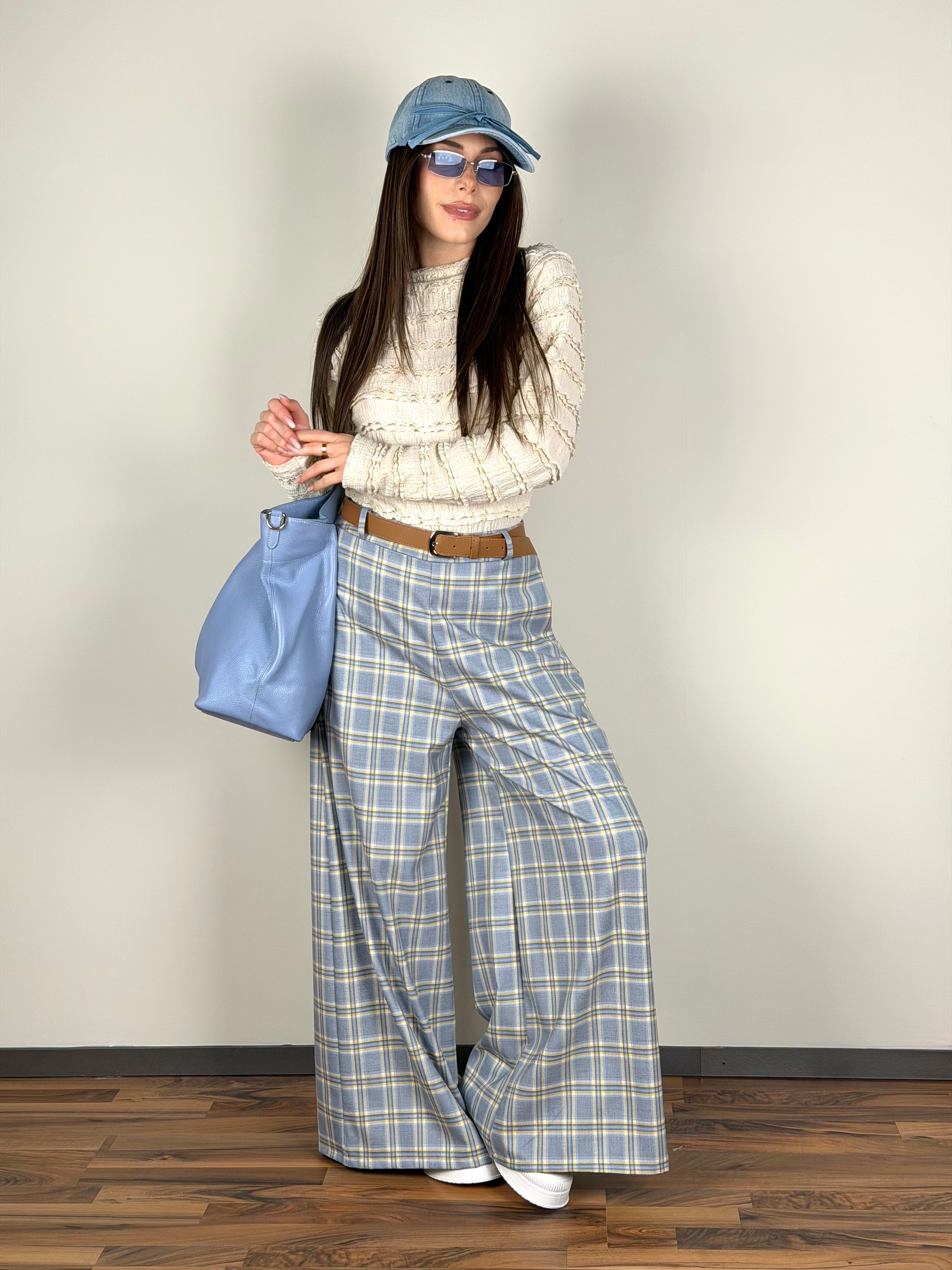 Pantalone check Siria celeste