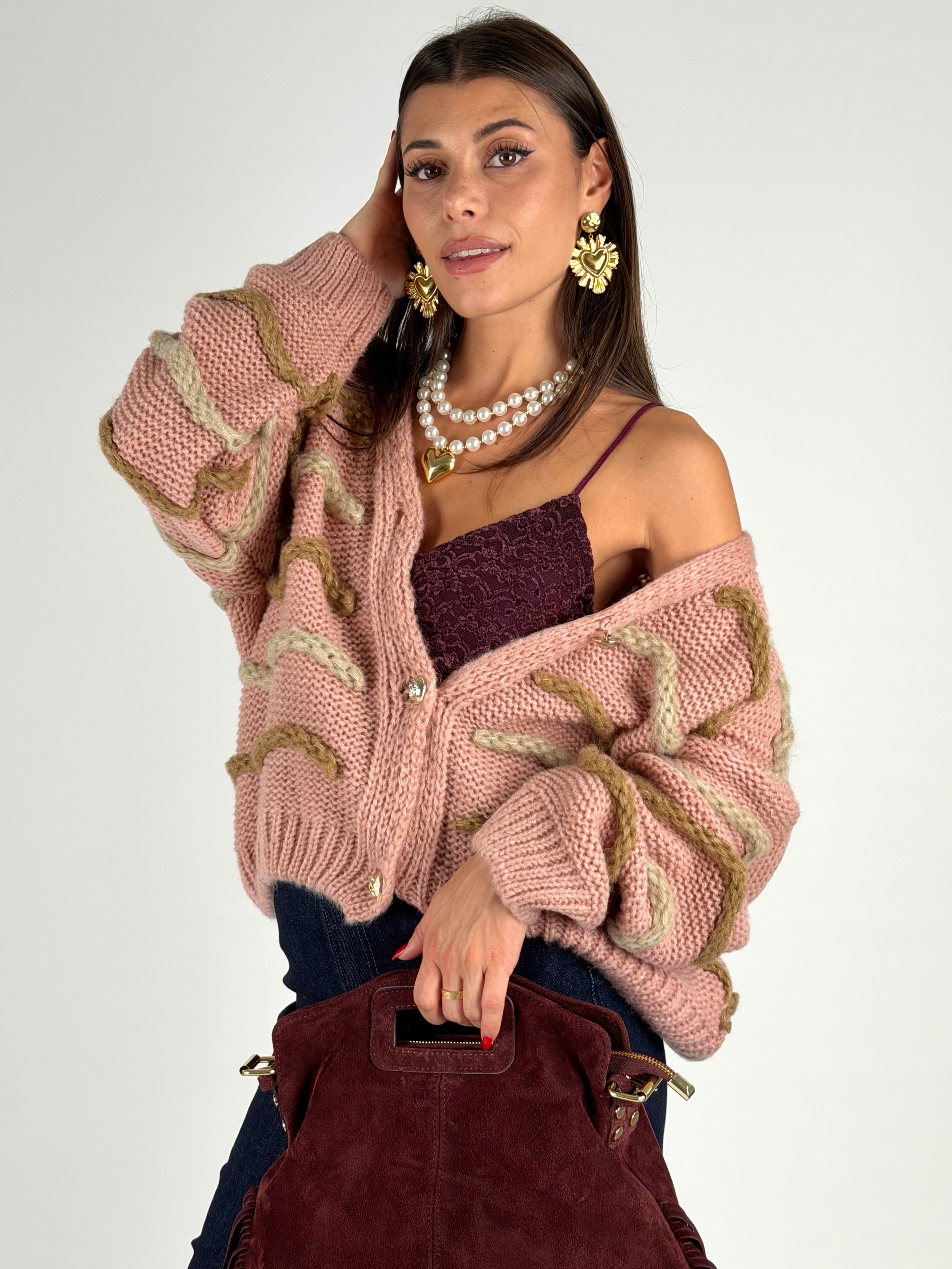 Cardigan righe zigzag rosa