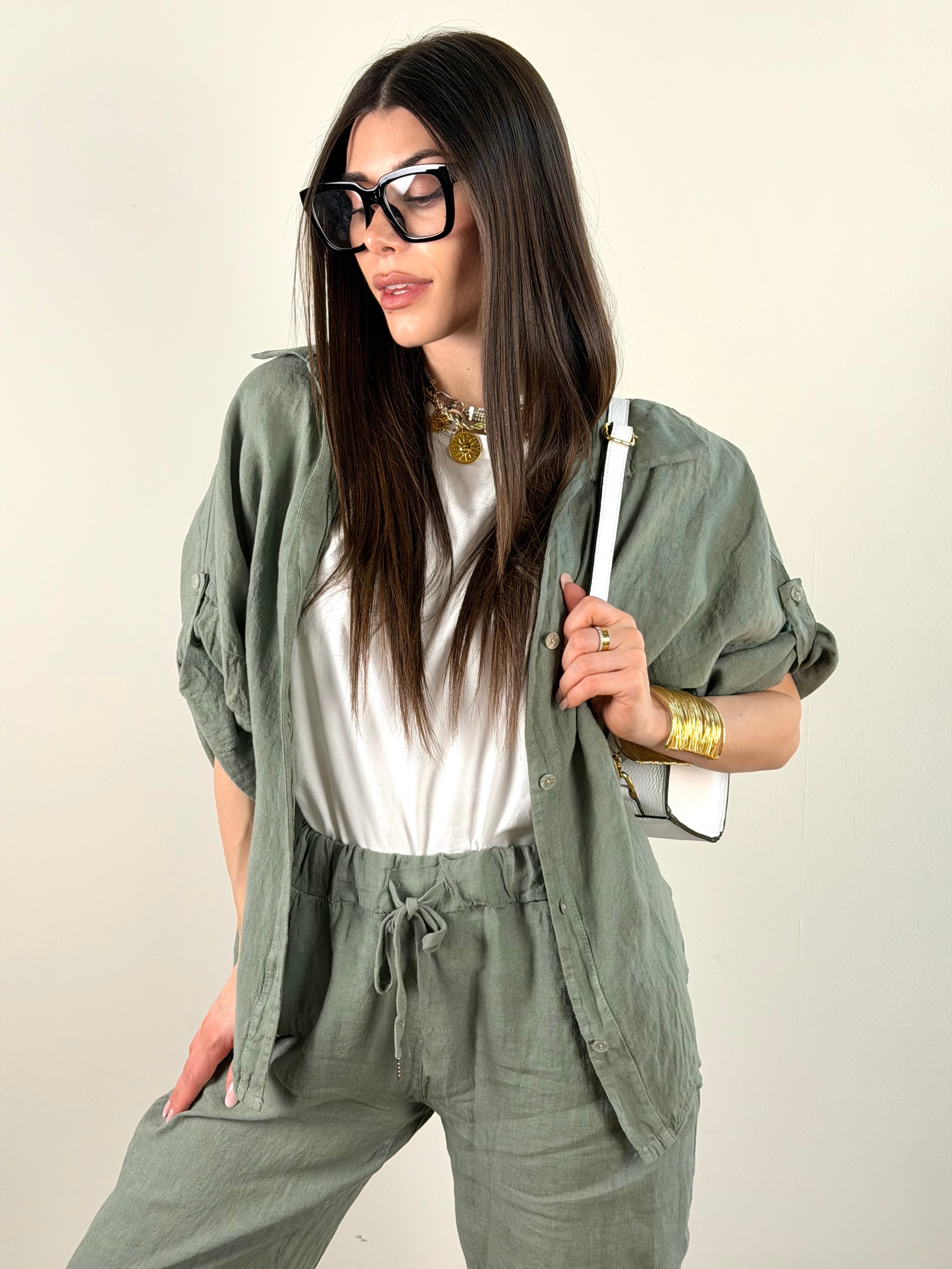 COMBO Pantalone + Camicia Sandy puro lino verde
