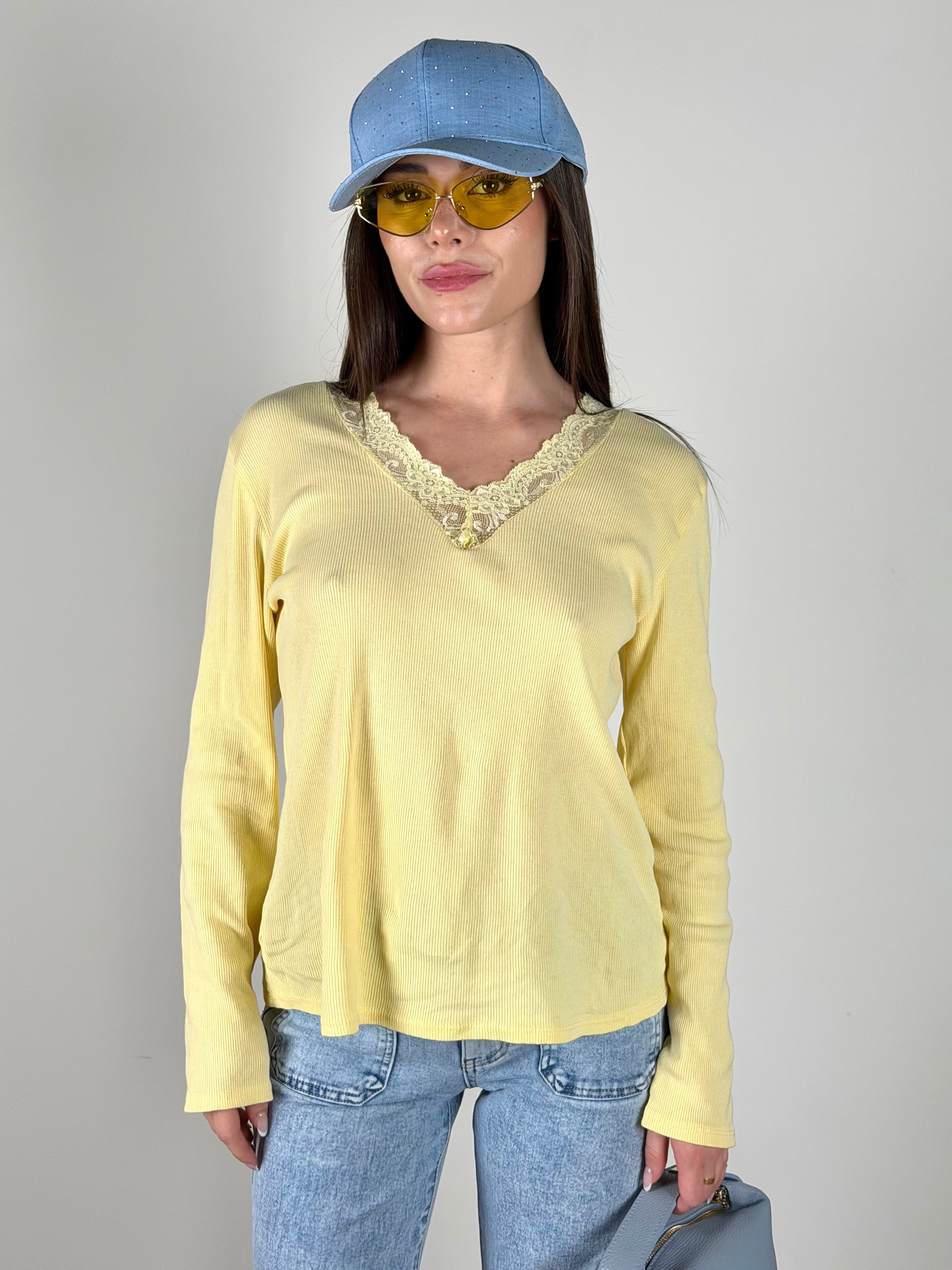 Maglia pizzo V giallo