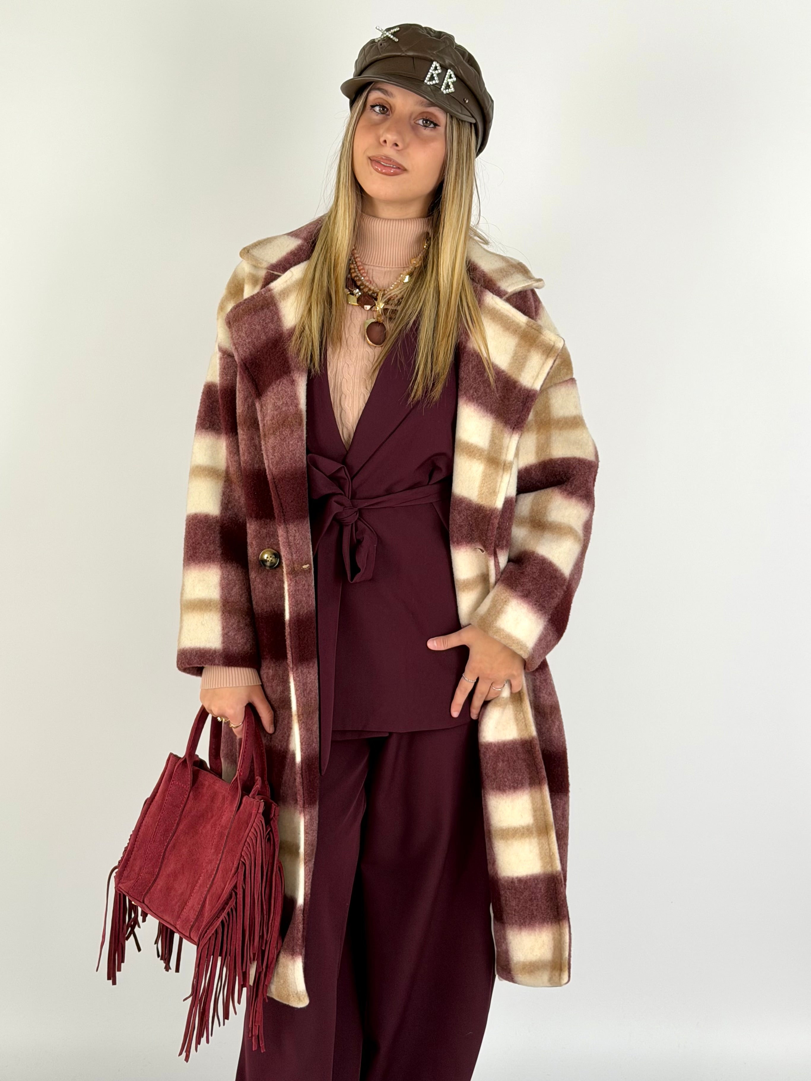 Maxi cappotto check lungo bordeaux