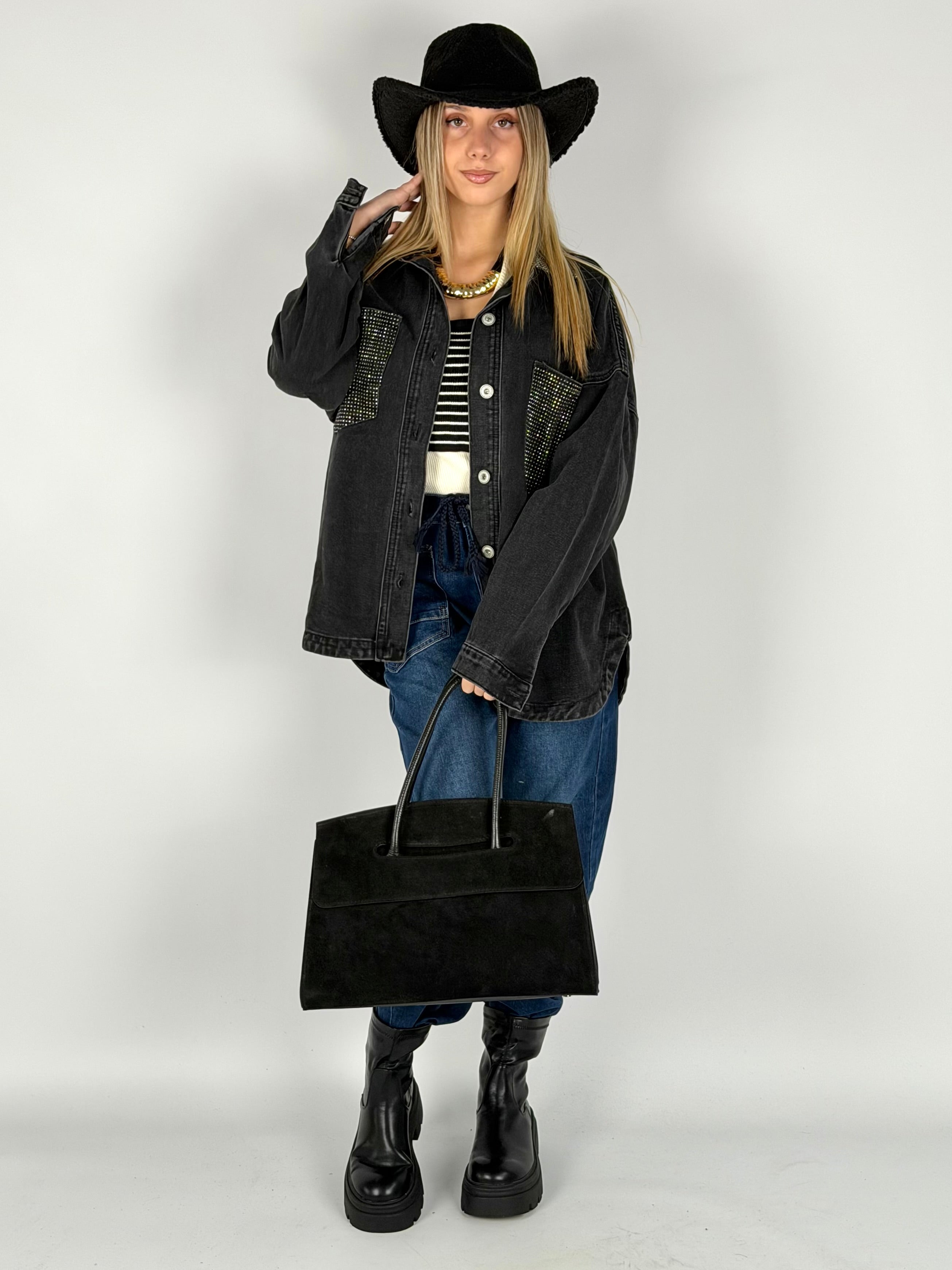 Camicia denim zirconi nera