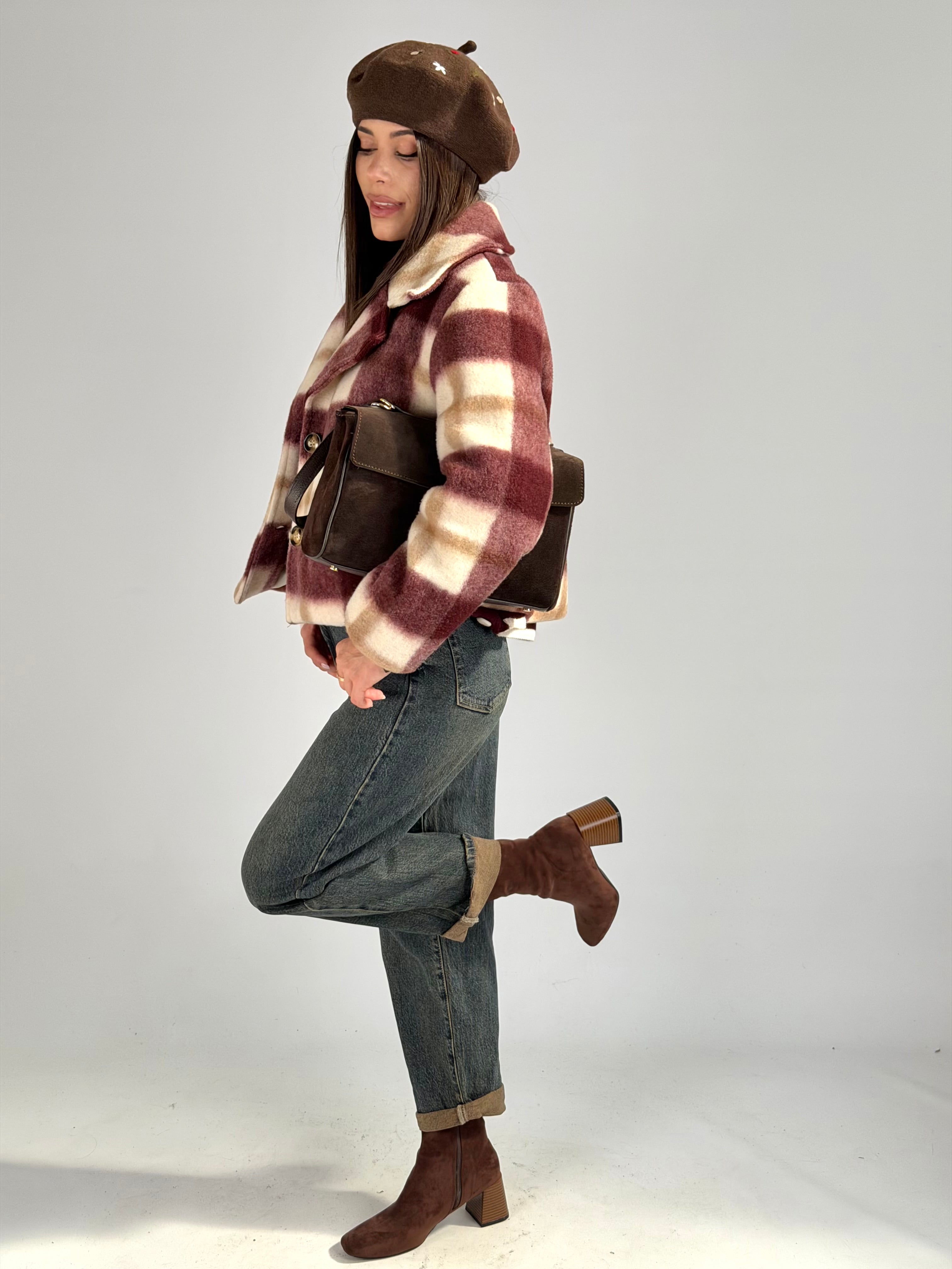 cappotto check in panno bordeaux