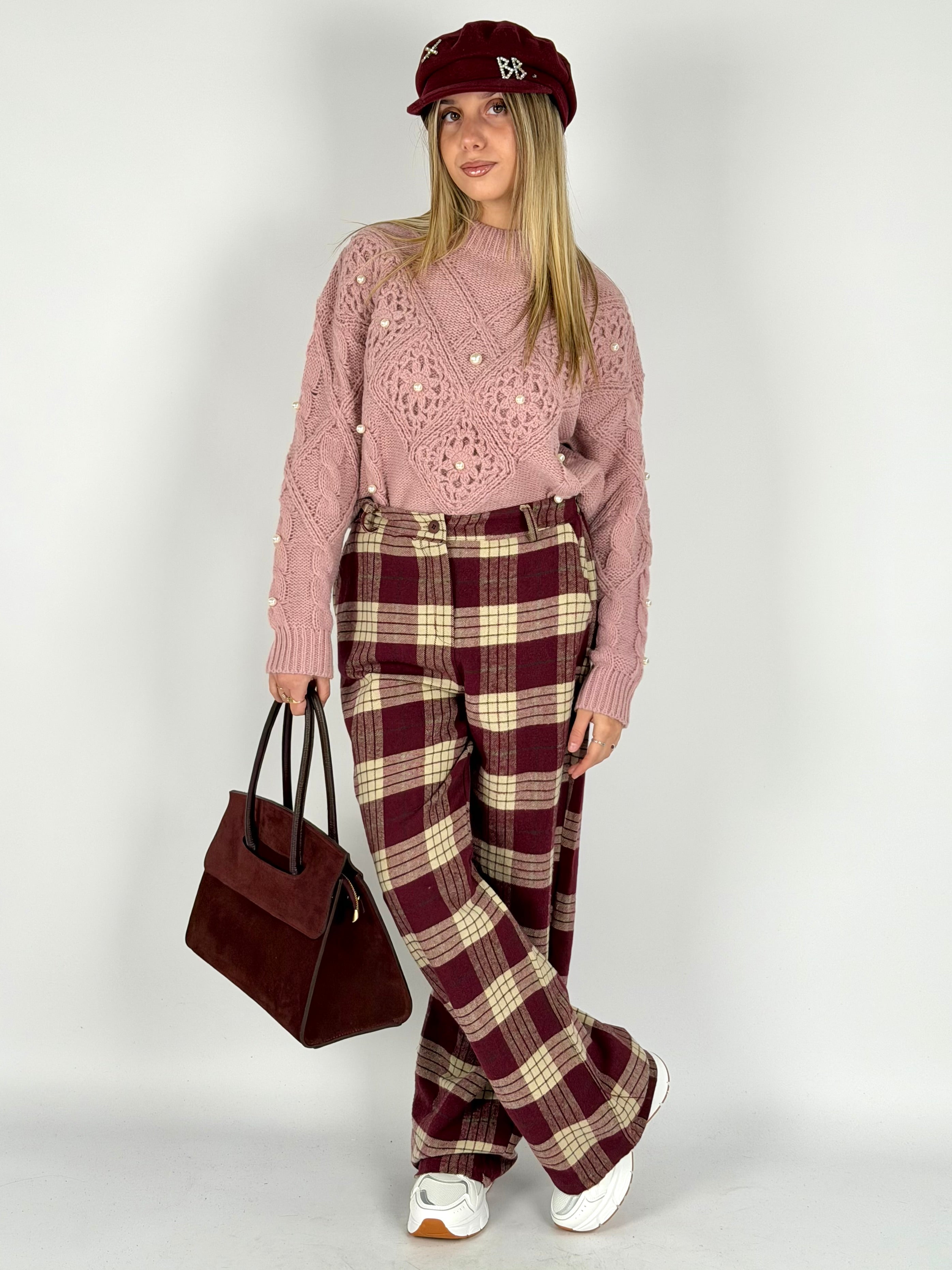 Pantalone check Perla bordeaux