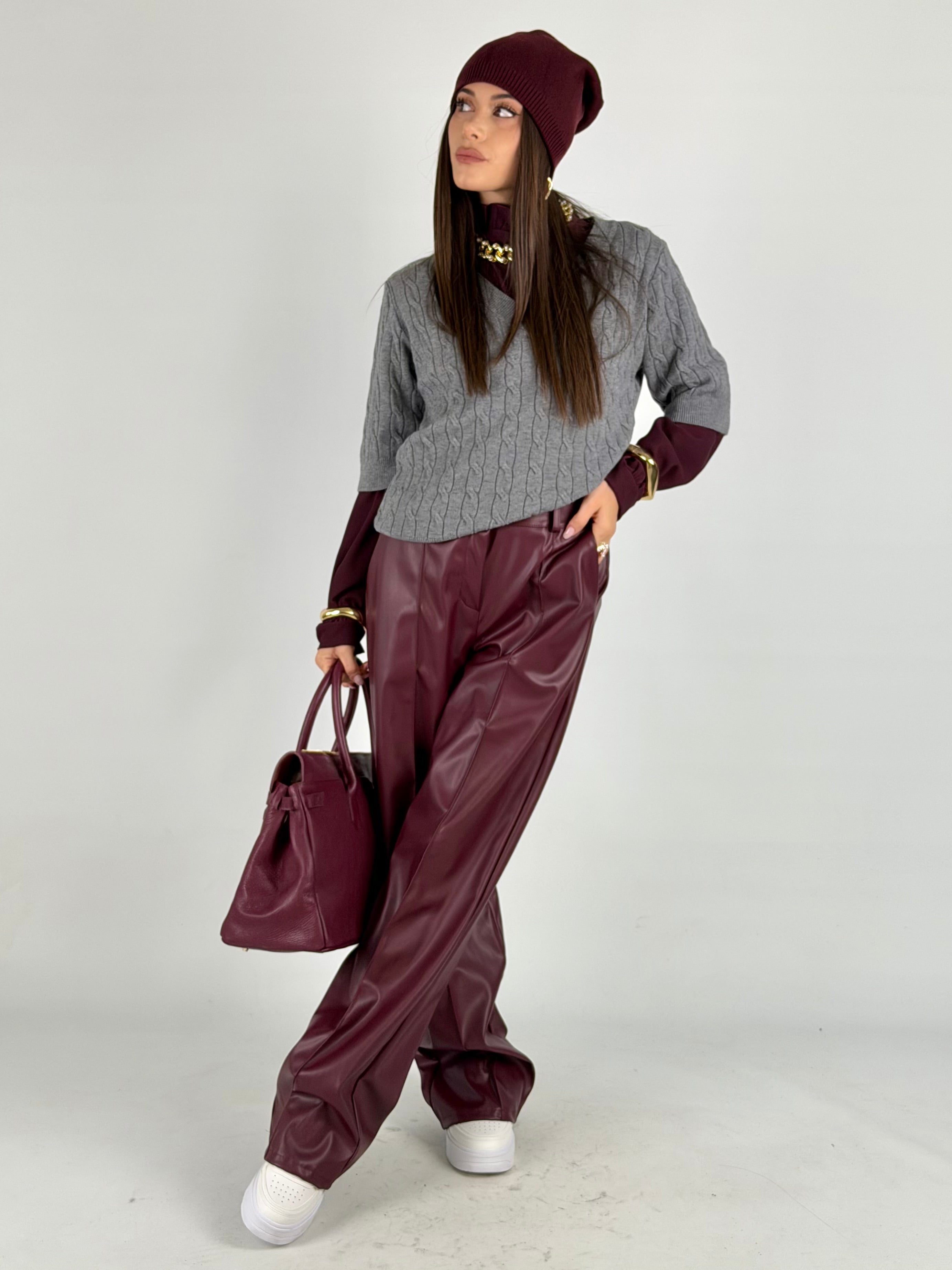 Pantalone ecopelle bordeaux