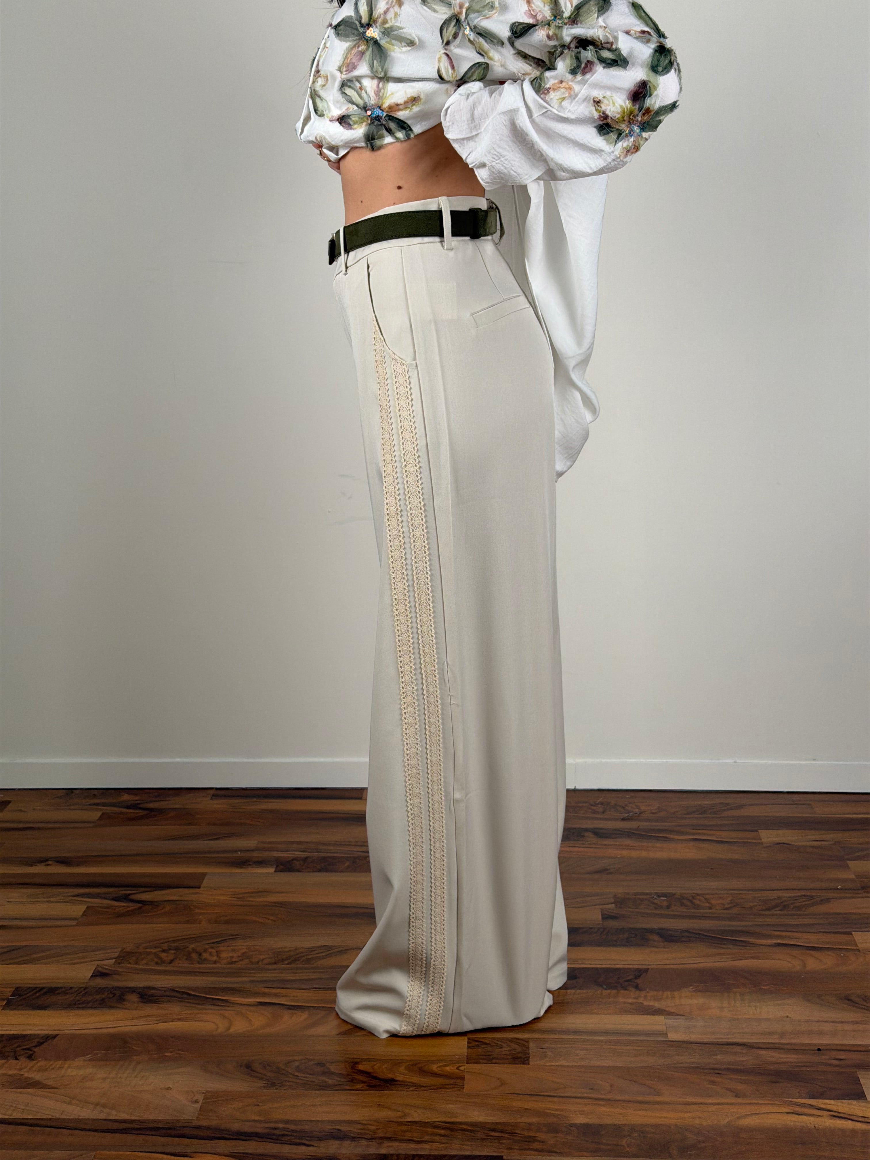 Pantalone bande pizzo beige