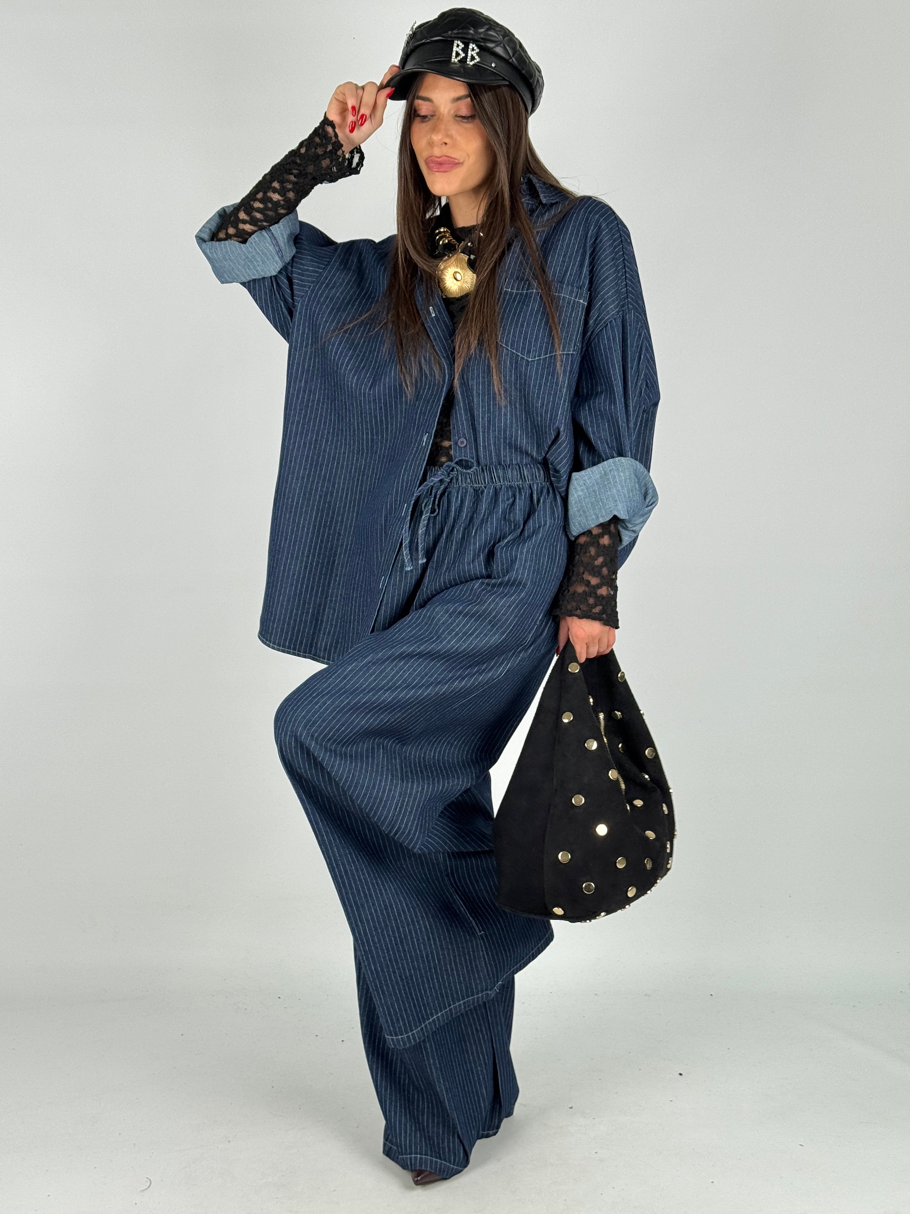 Camicia completo denim gessato