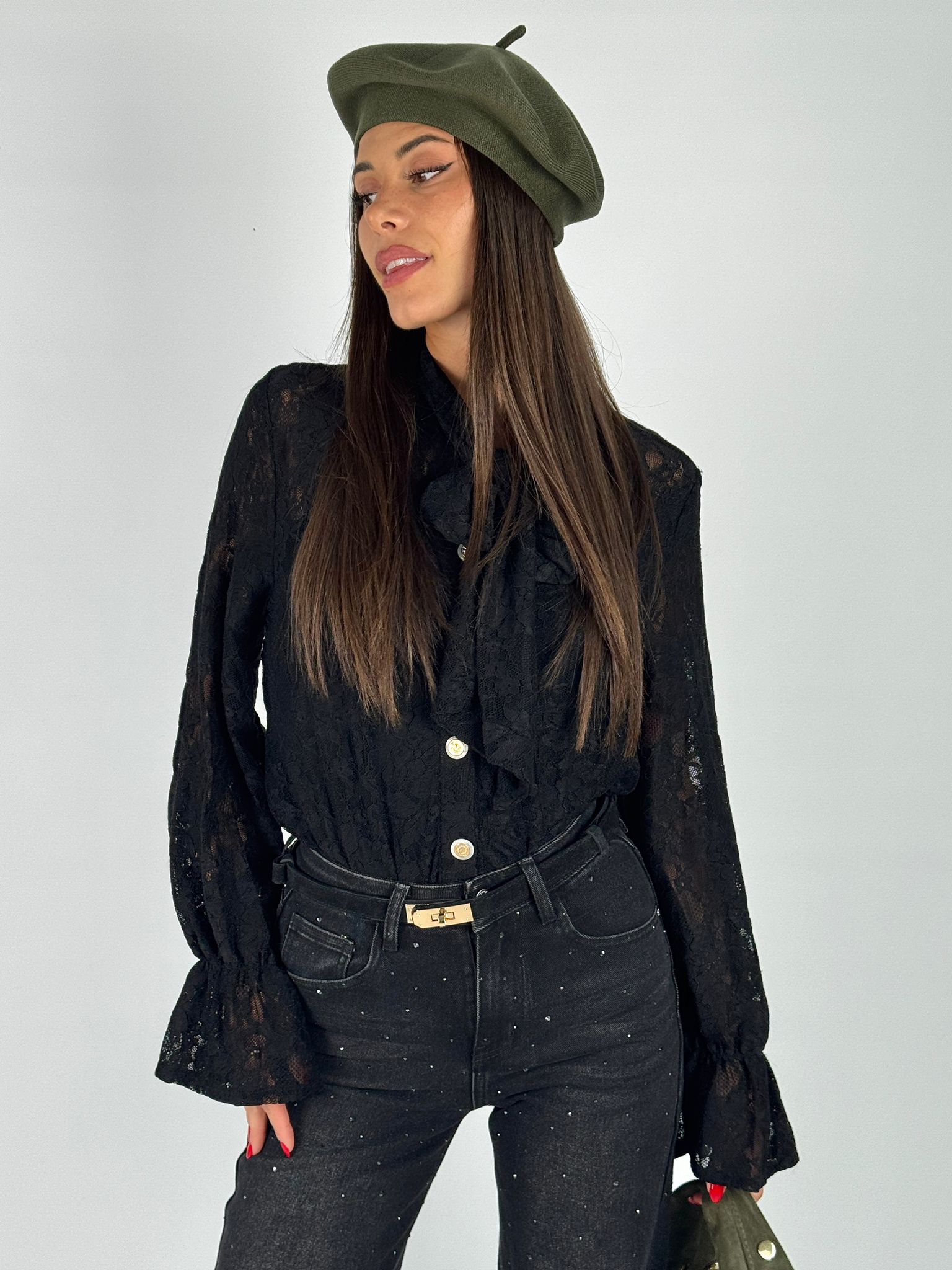 Camicia pizzo fiocco nera