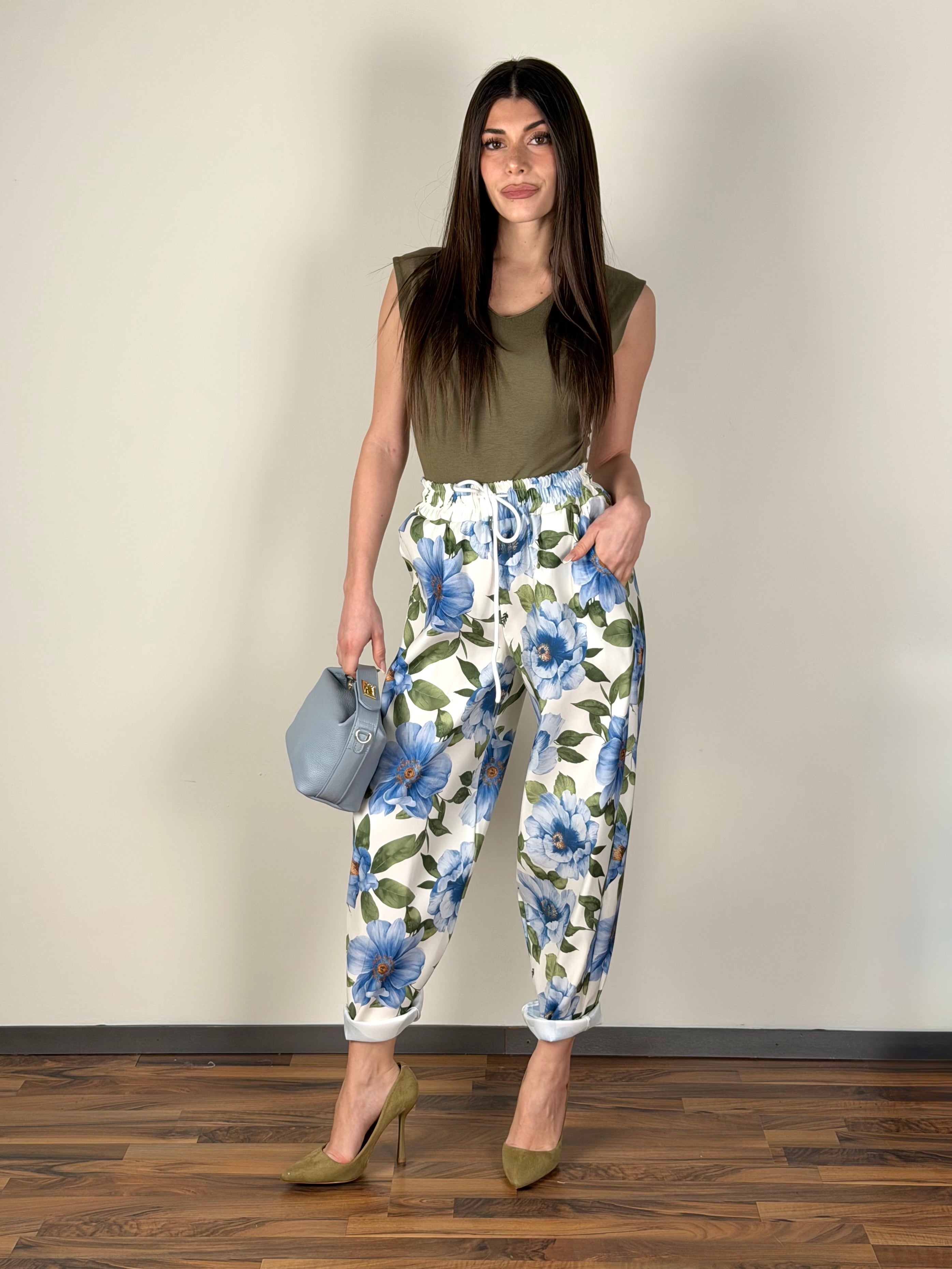 Pantalone Spring fiori celeste