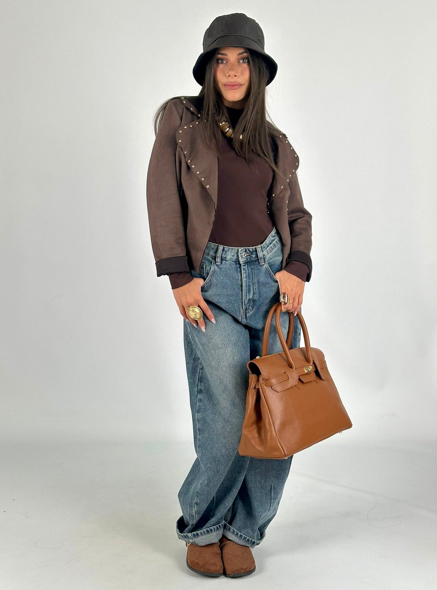 Chiodo scamosciato borchie marrone