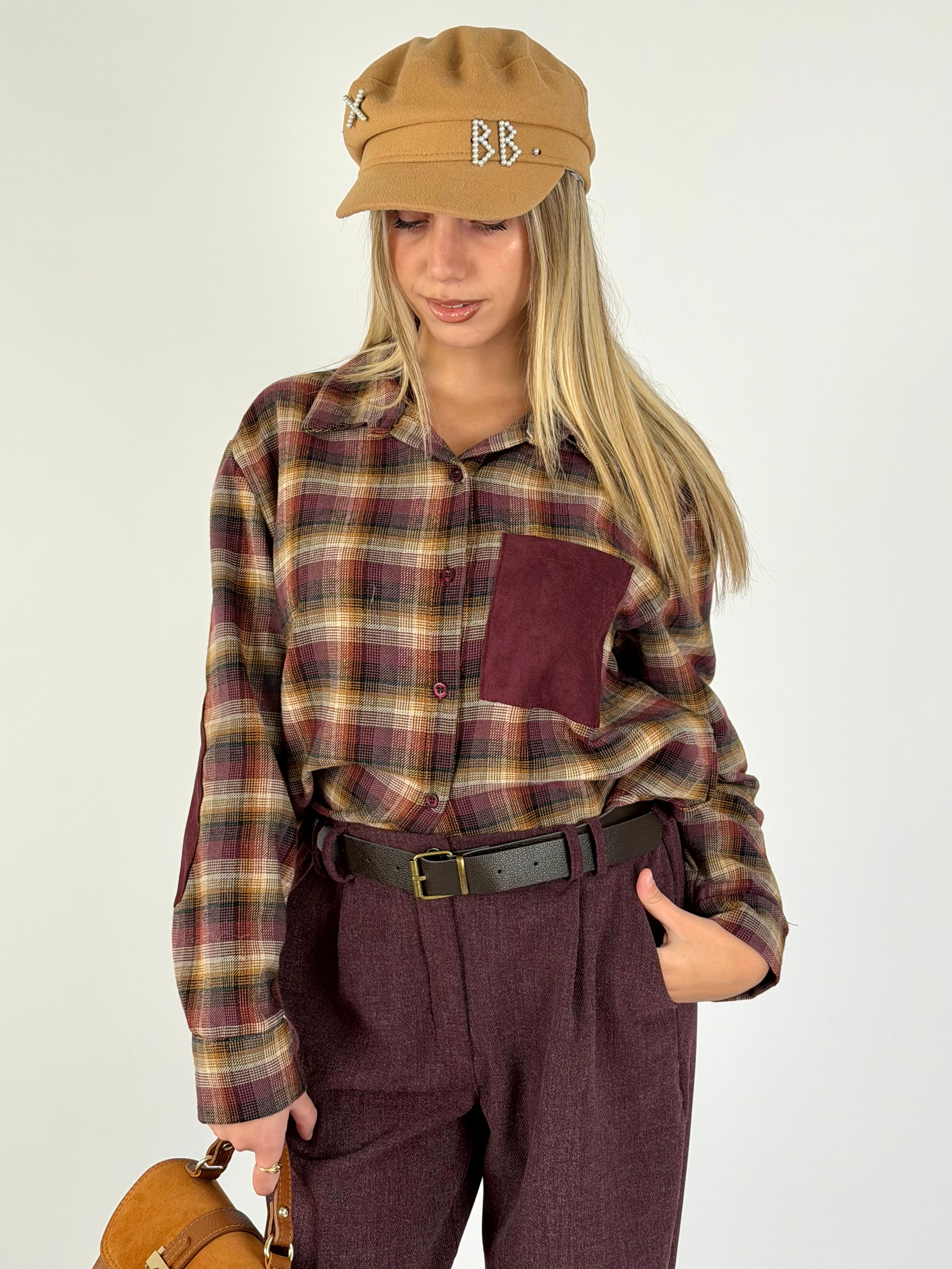 Camicia check taschino scamosciato bordeaux