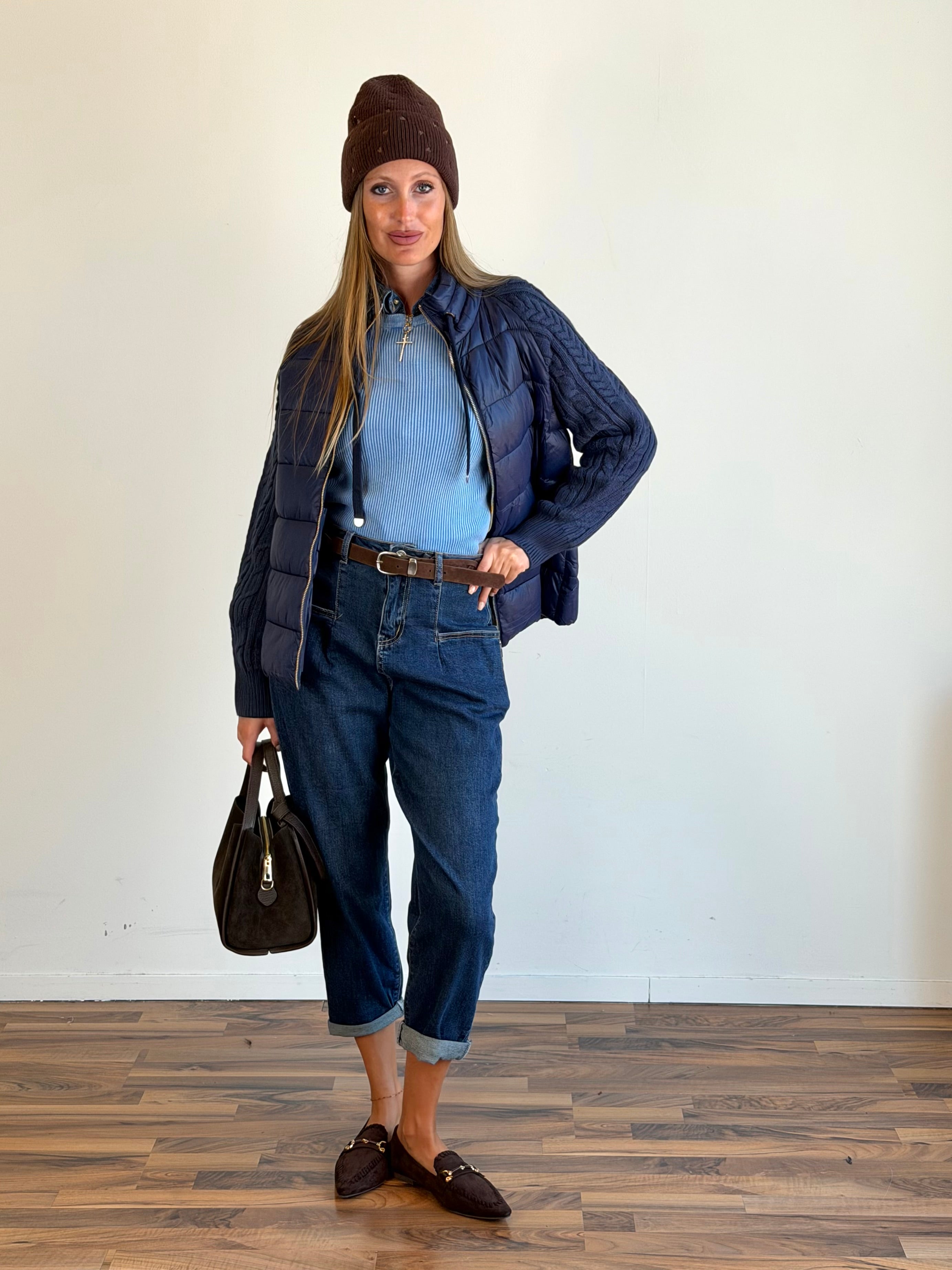 Piumino manica treccia blu