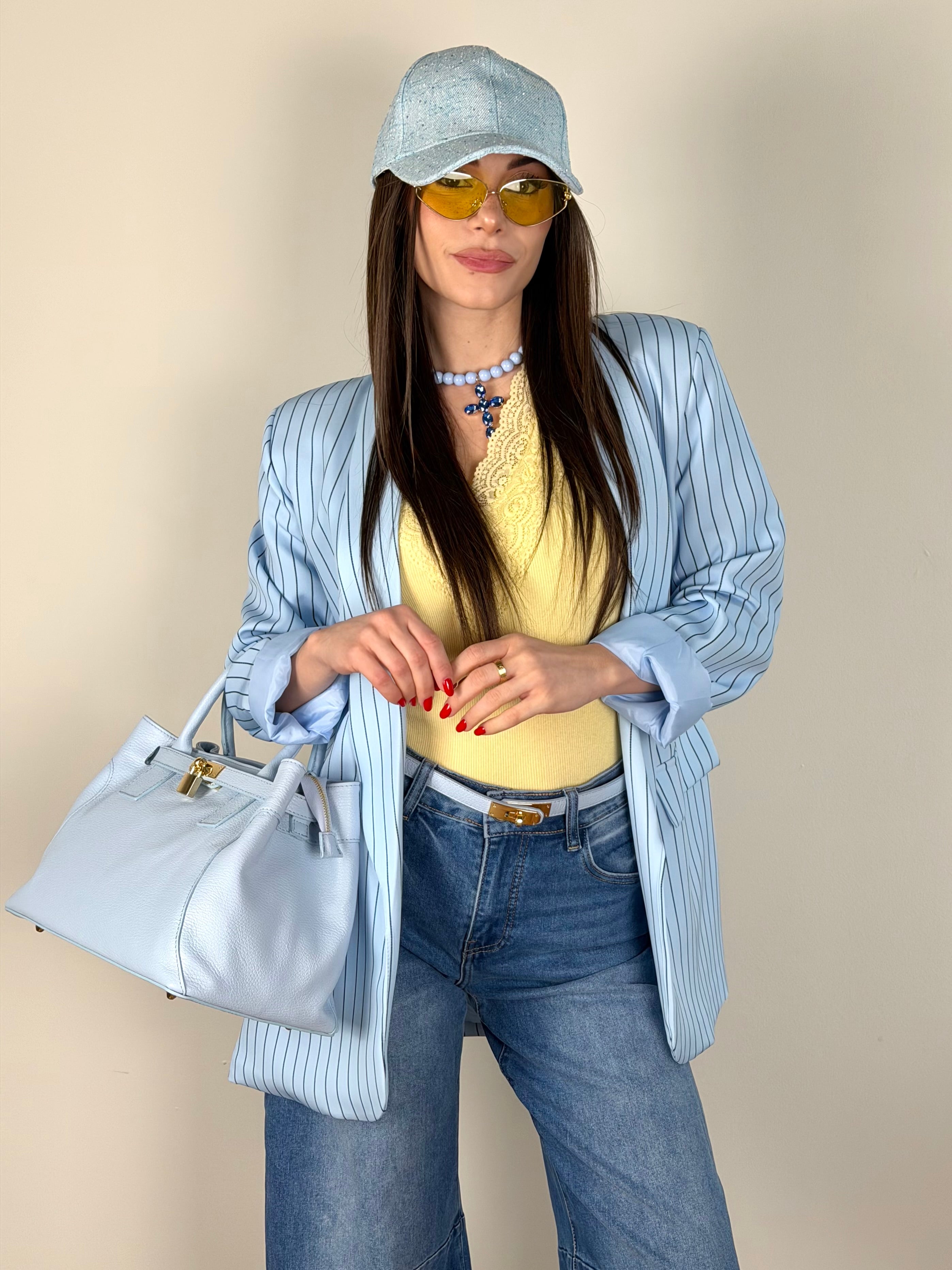 Giacca gessata celeste