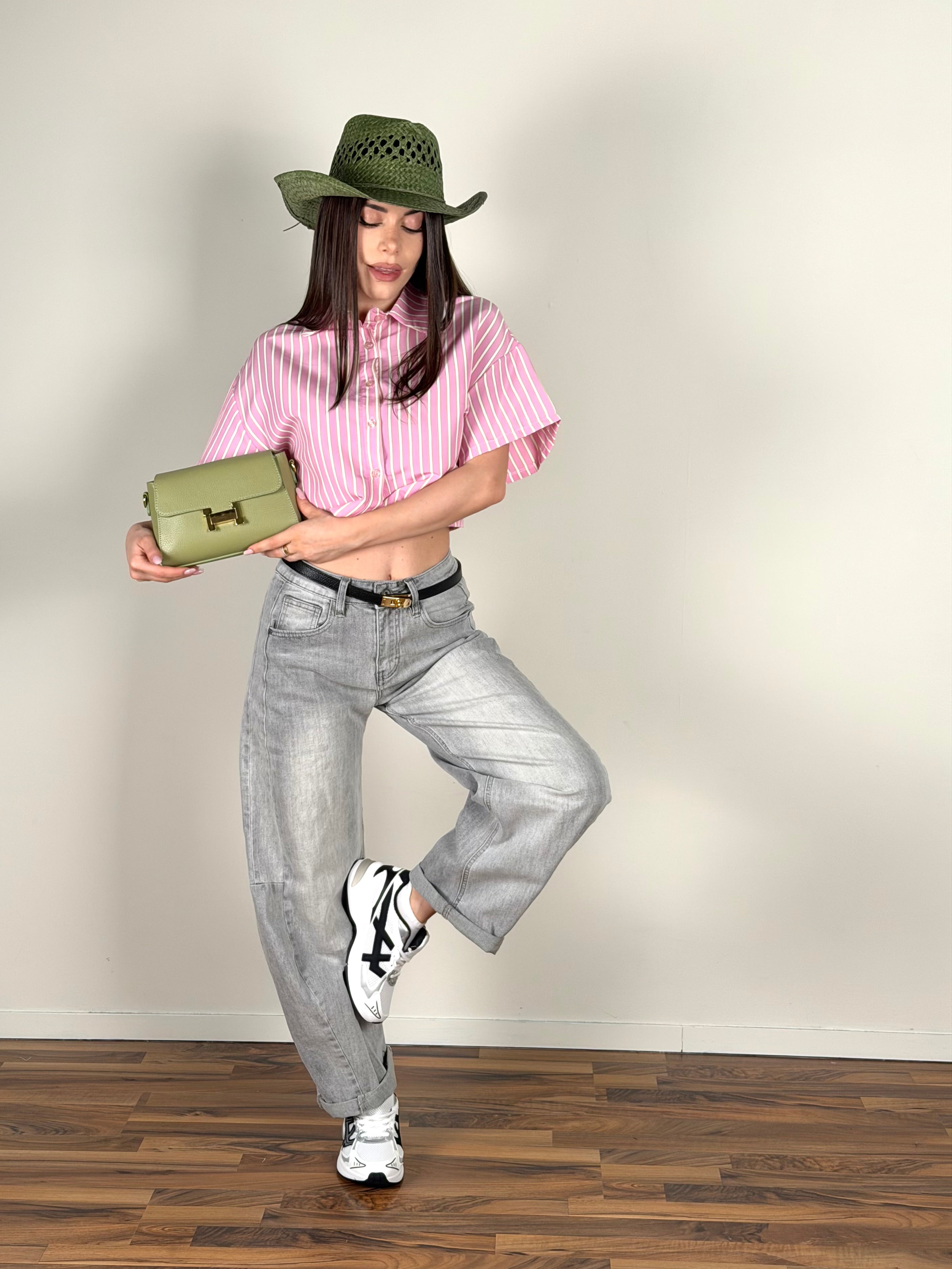 Camicia gessata fiocco rosa