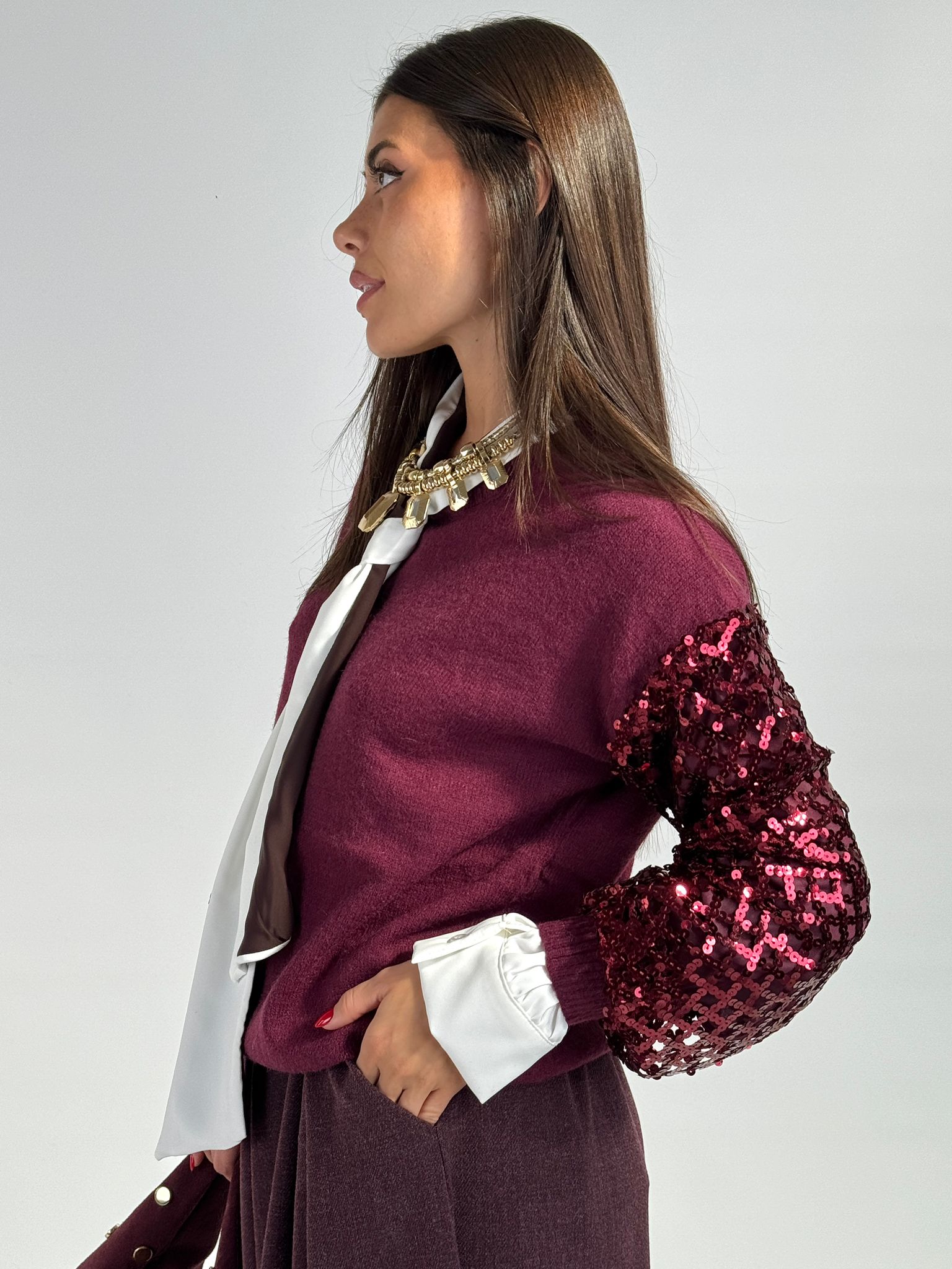 Maglioncino maniche paillettes bordeaux