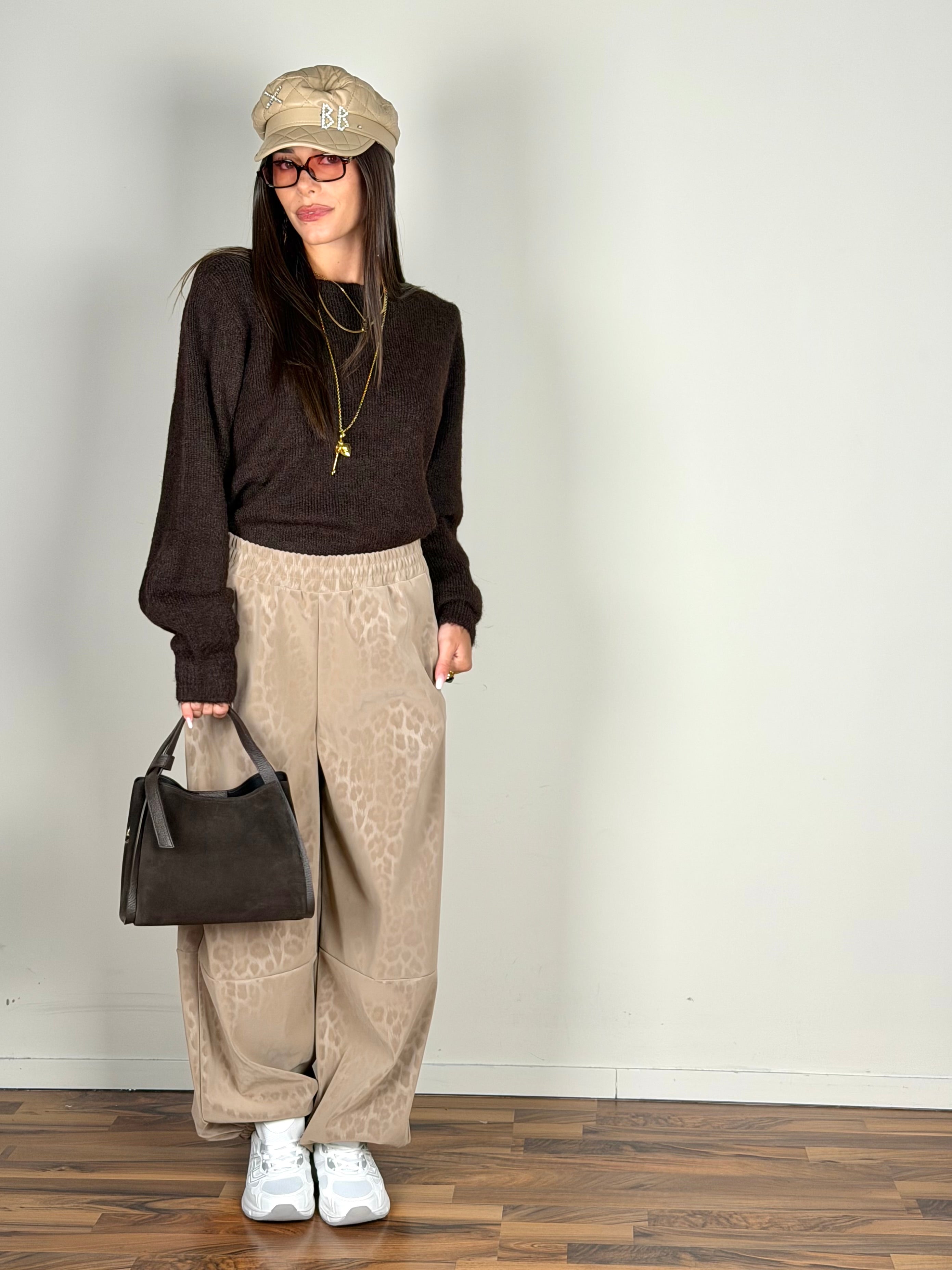 Pantalone ecopelle maculato beige