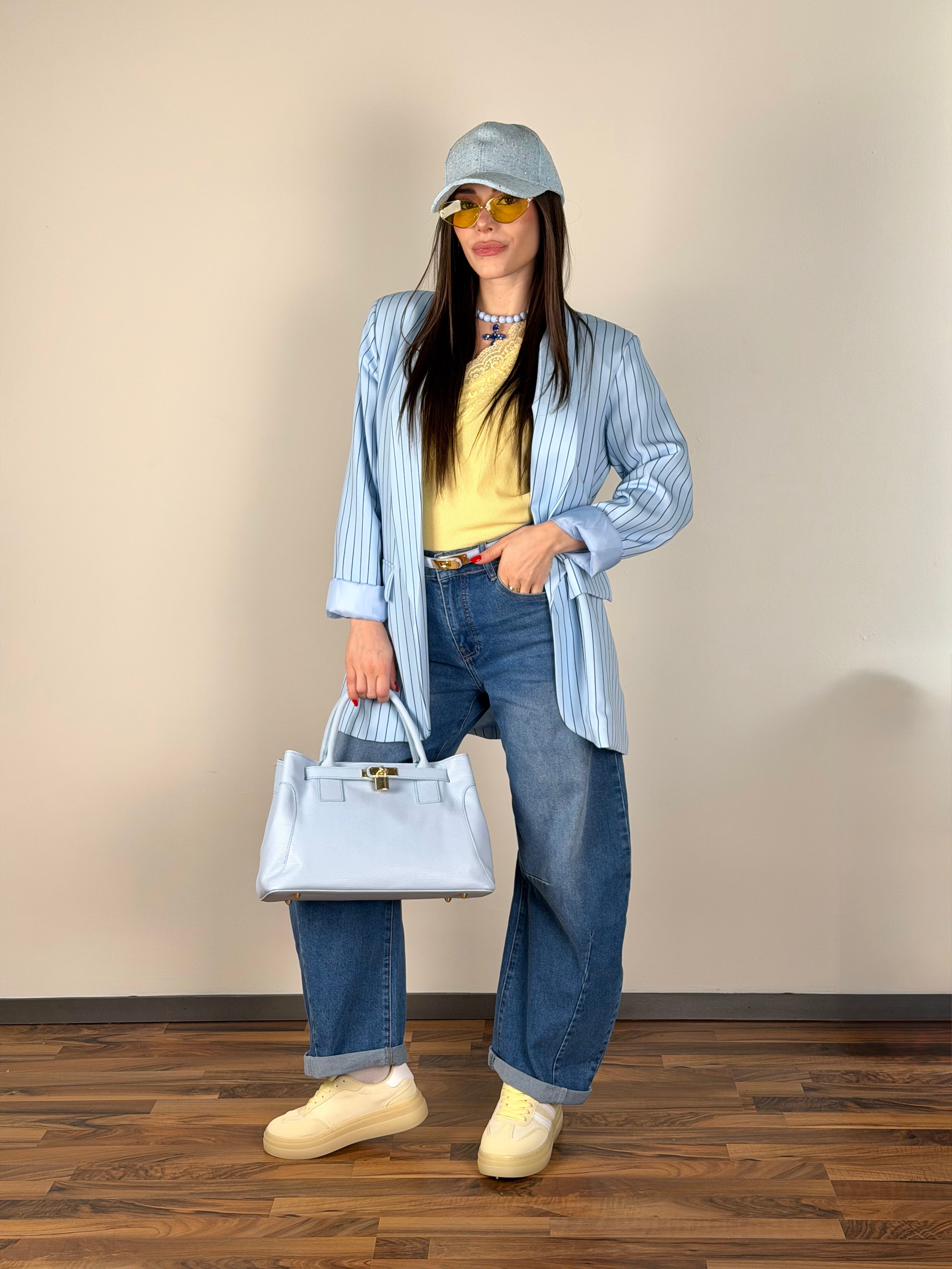 Giacca gessata celeste