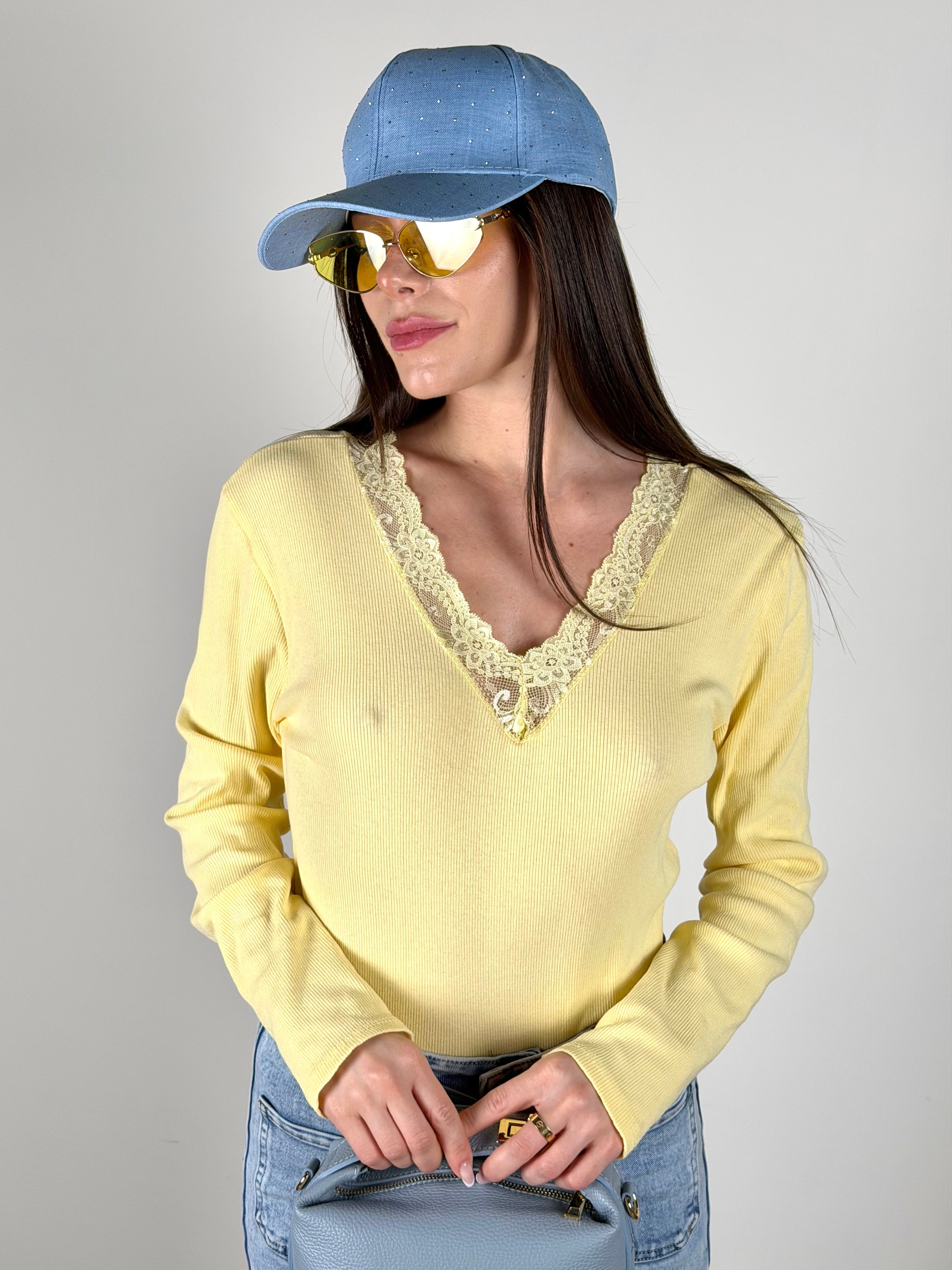 Maglia pizzo V giallo