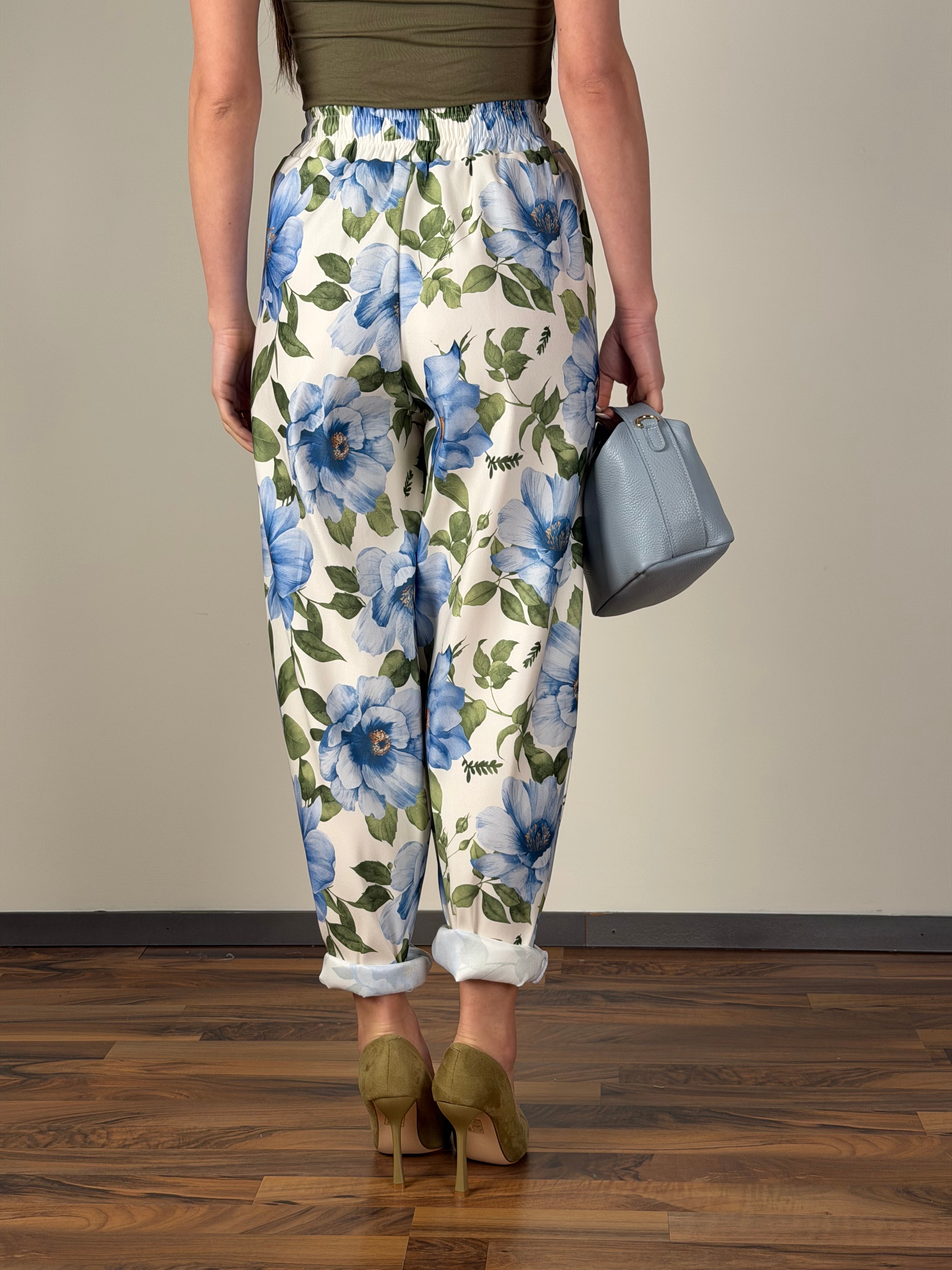 Pantalone Spring fiori celeste