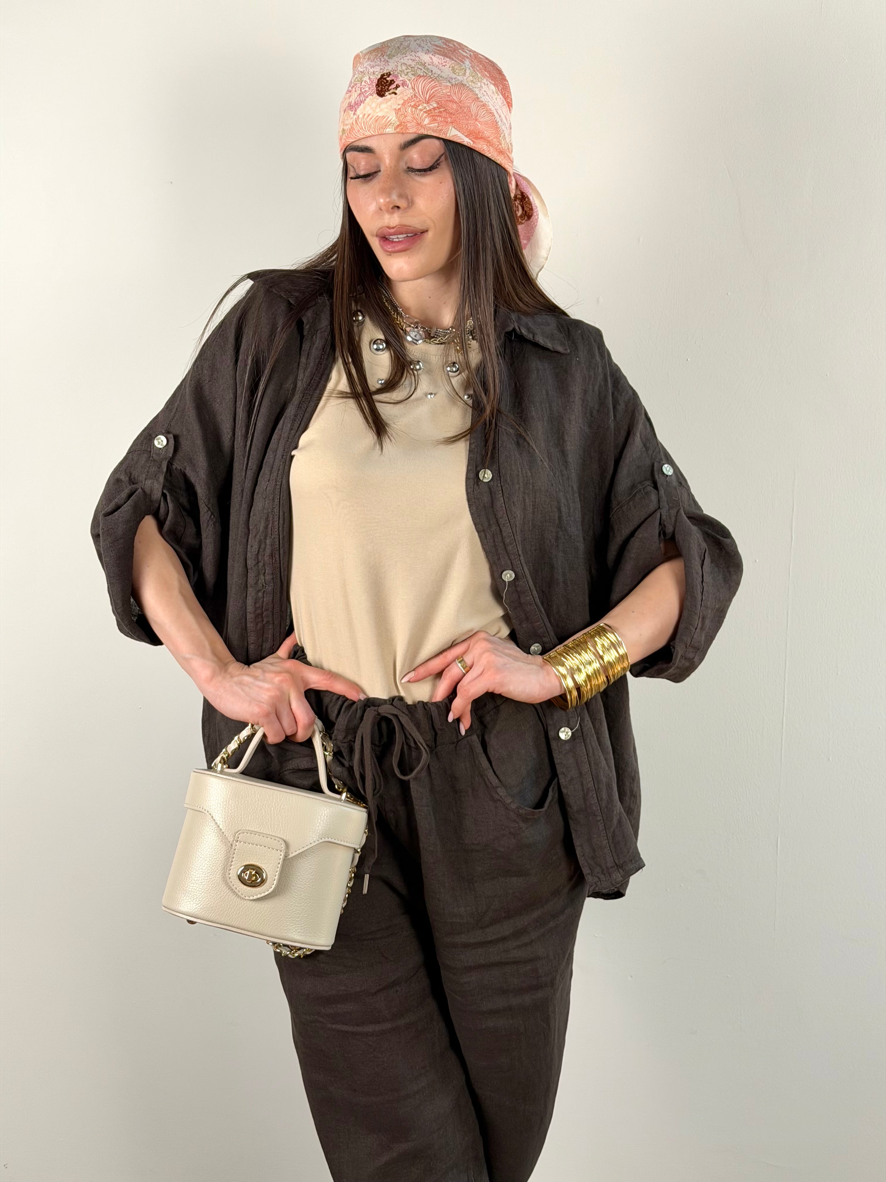 COMBO Pantalone + Camicia Sandy puro lino testa di moro